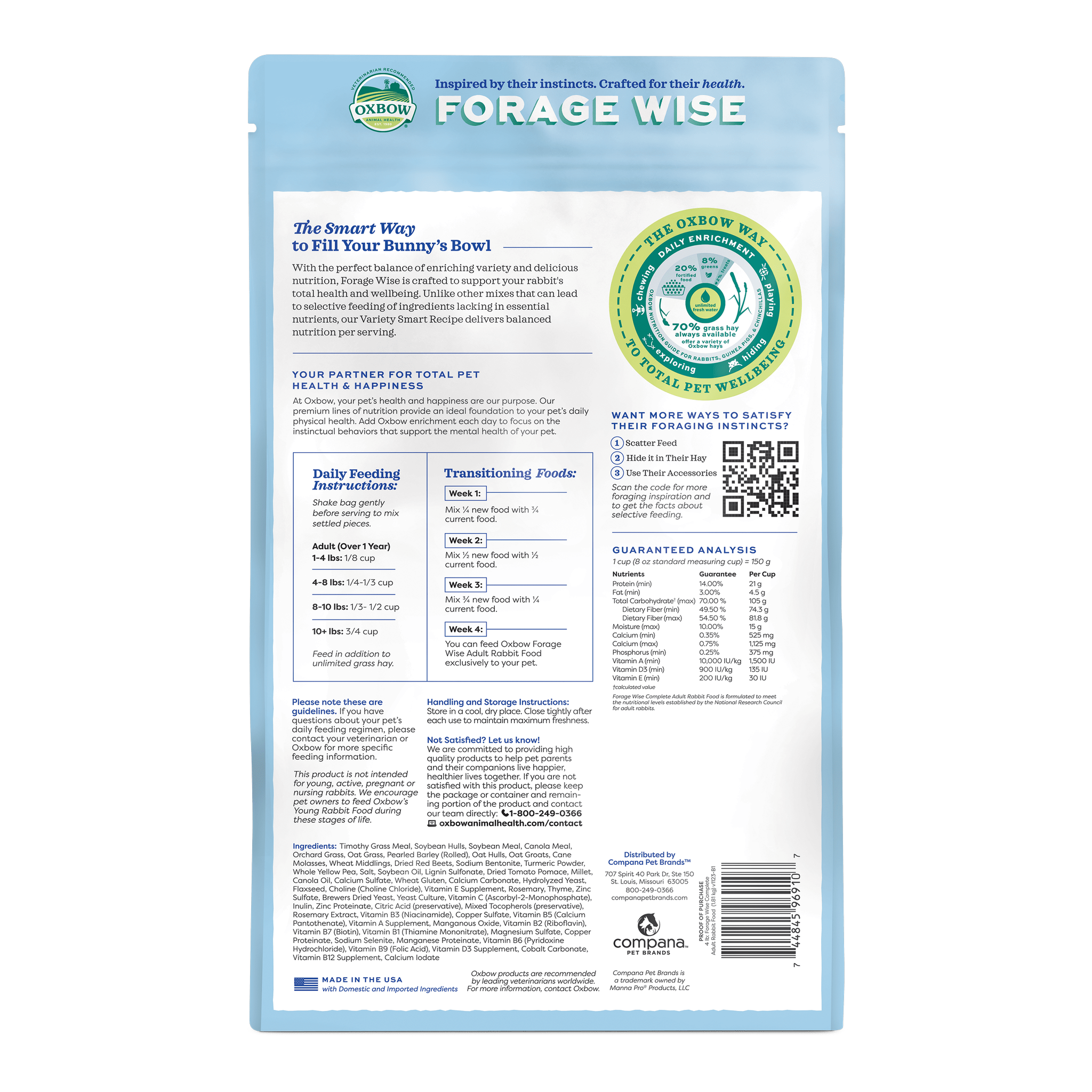 Back of the Oxbow Forage Wise Adult Rabbit Food bag with feeding directions and guaranteed analysis