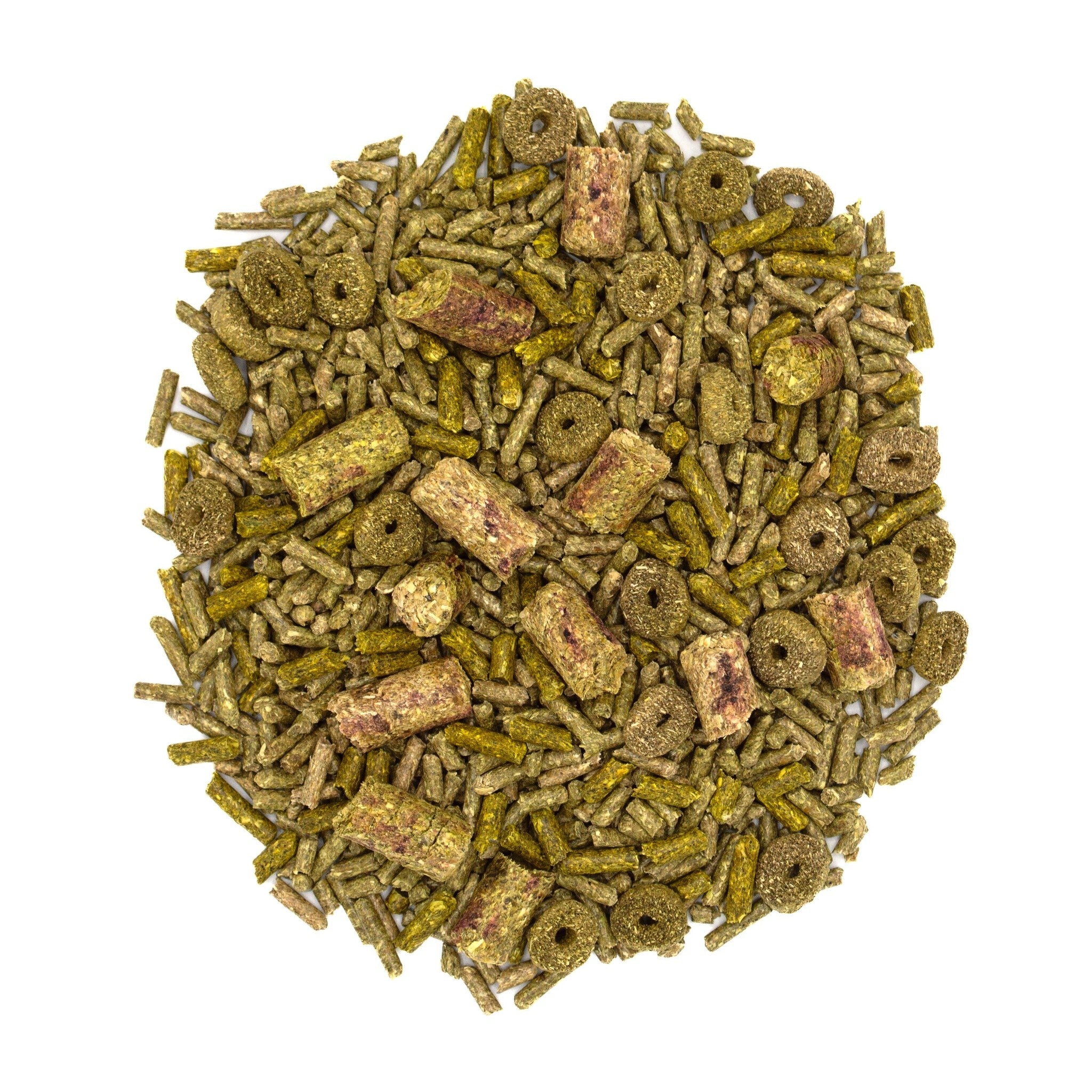 Closeup of the Variety Smart blend of shapes, colors, and textures in Forage Wise rabbit food