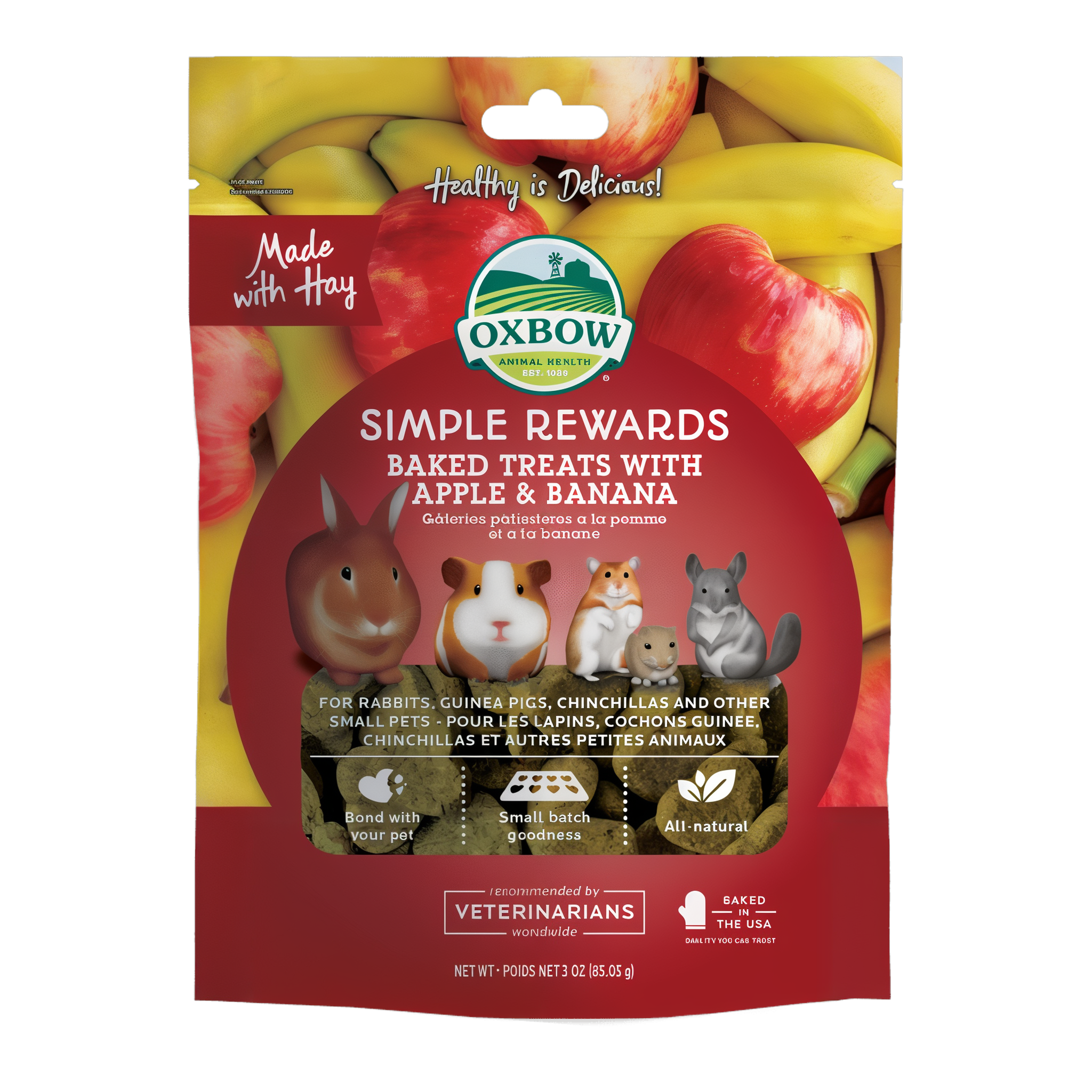 Oxbow Simple Rewards Baked Treats with Apple and Banana 3 oz bag, front