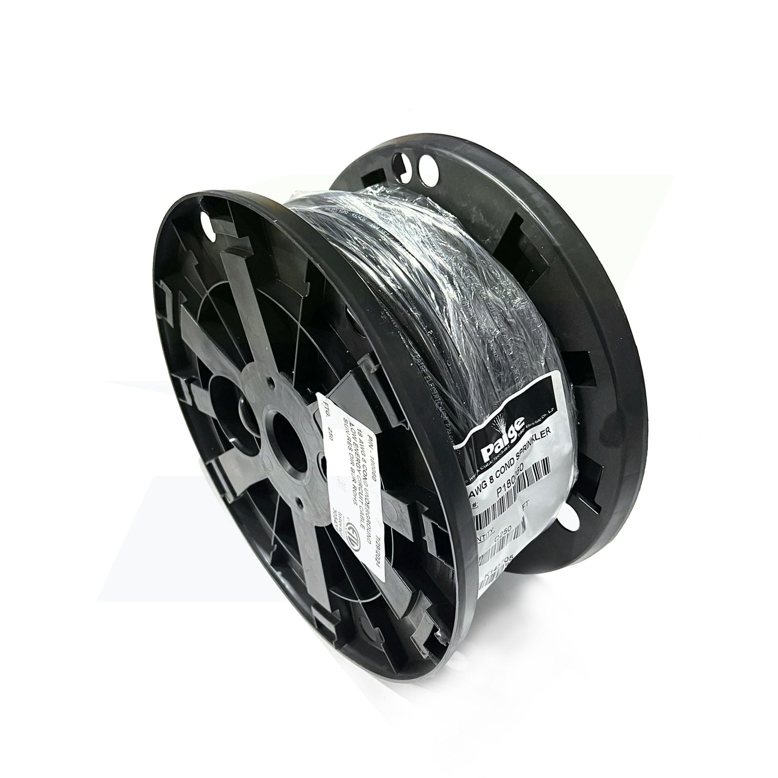 Paige 18 AWG 8-conductor direct burial sprinkler cable P/N 180060 on a 250 ft black plastic reel standing on edge with ETL listing label and Paige branding