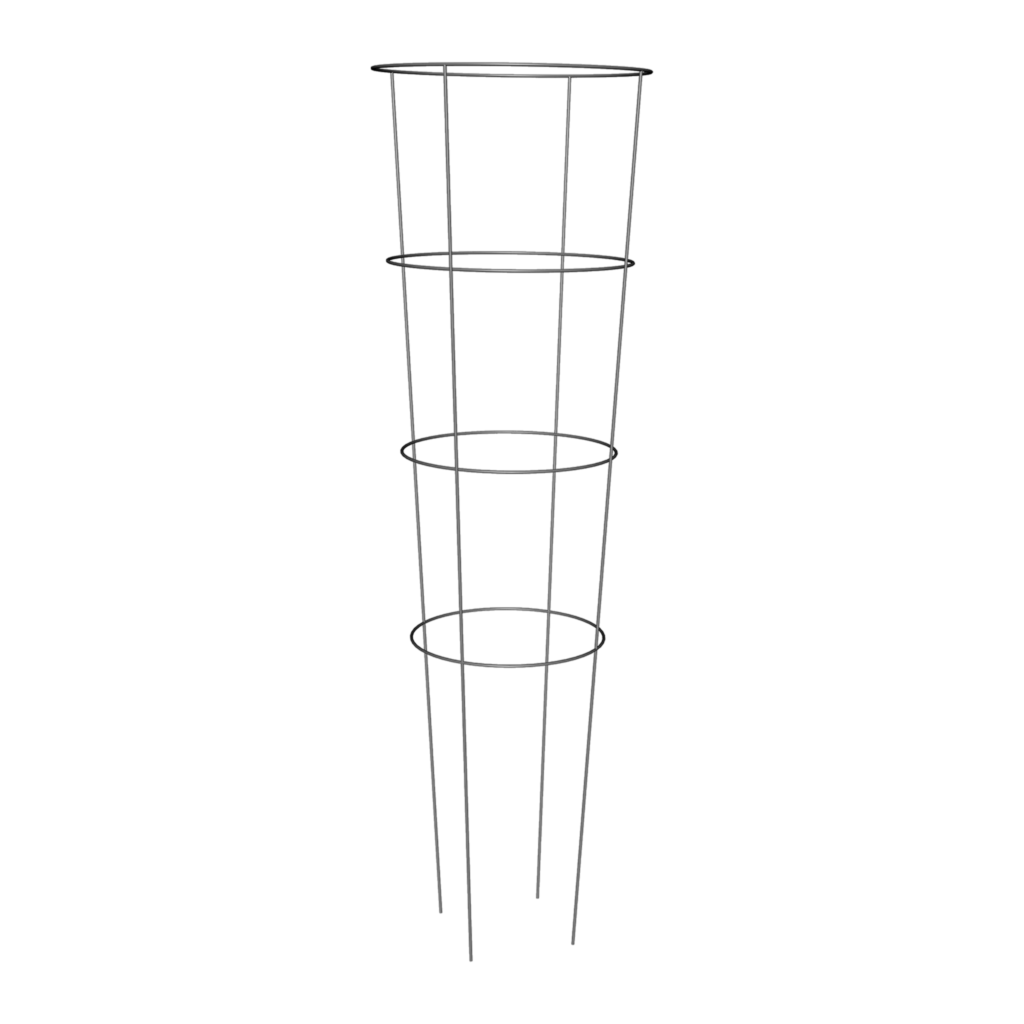 Panacea galvanized steel tomato cage, 16 inch diameter by 54 inch tall, with four rings and four legs for supporting tomato plants