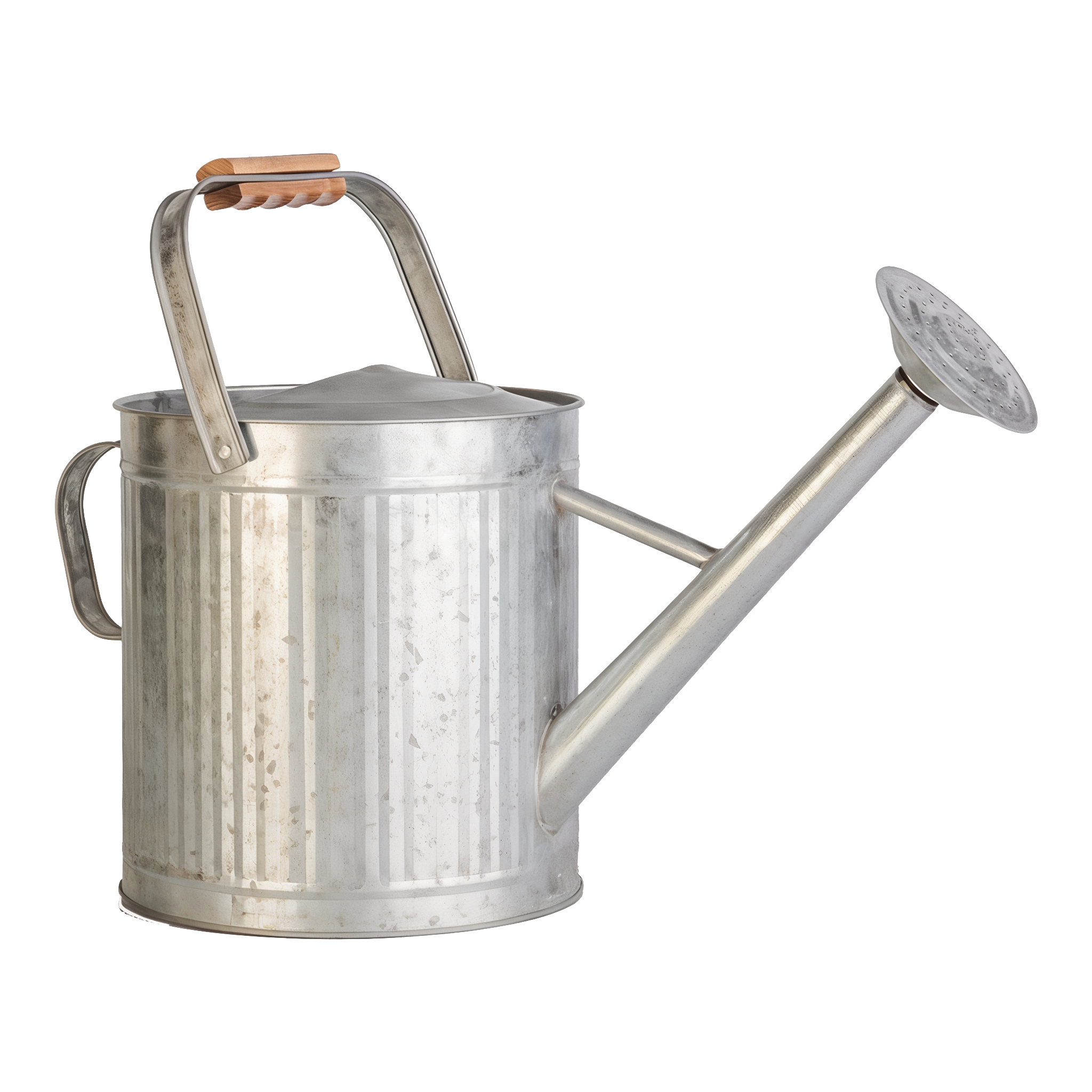 Panacea Extra Large Vintage Galvanized Watering Can, 3.2 gallon ribbed galvanized steel can with a wood-grip arched handle, side handle, and long spout with a removable rose sprinkler head