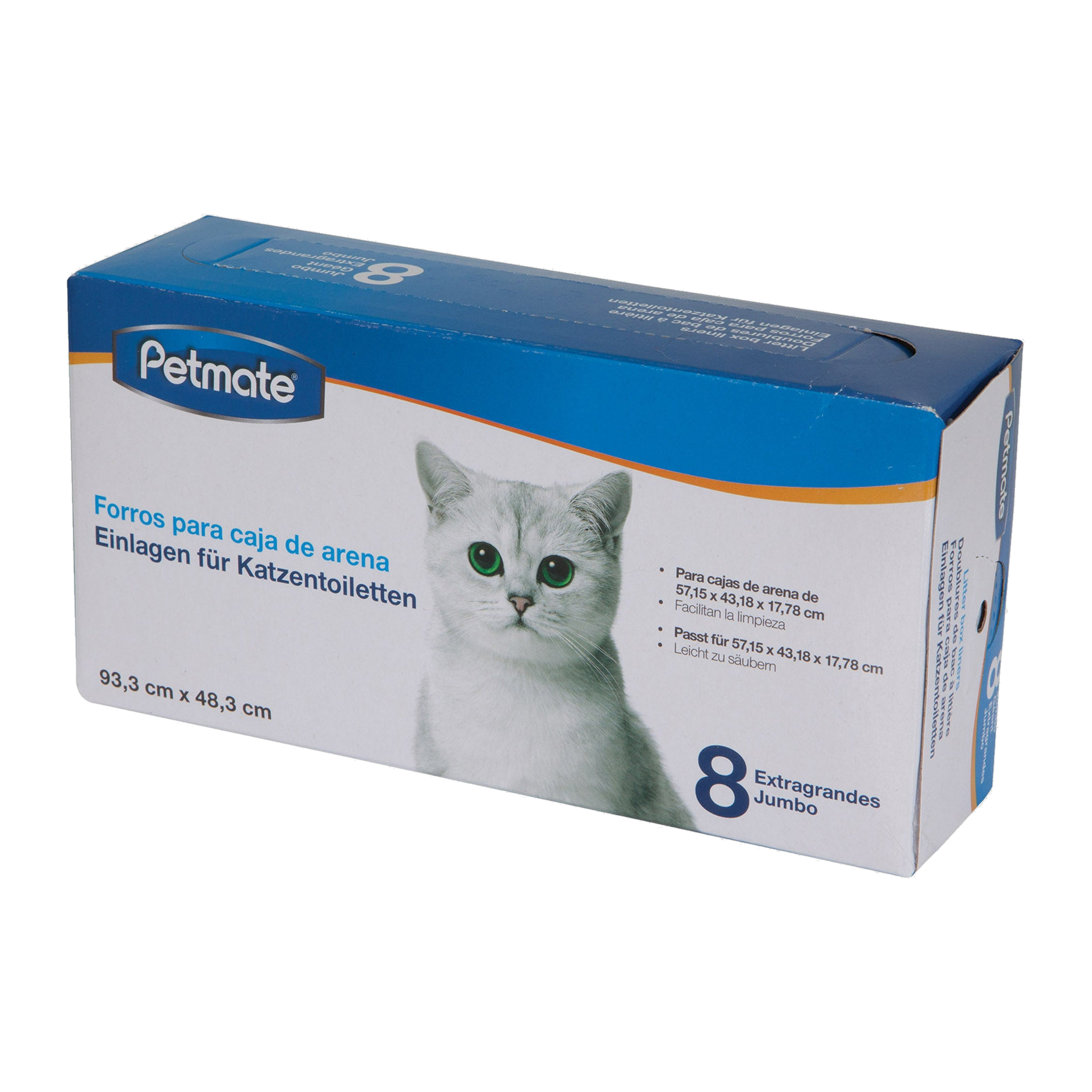 Petmate Litter Box Liners jumbo 8 count box angled view showing top opening