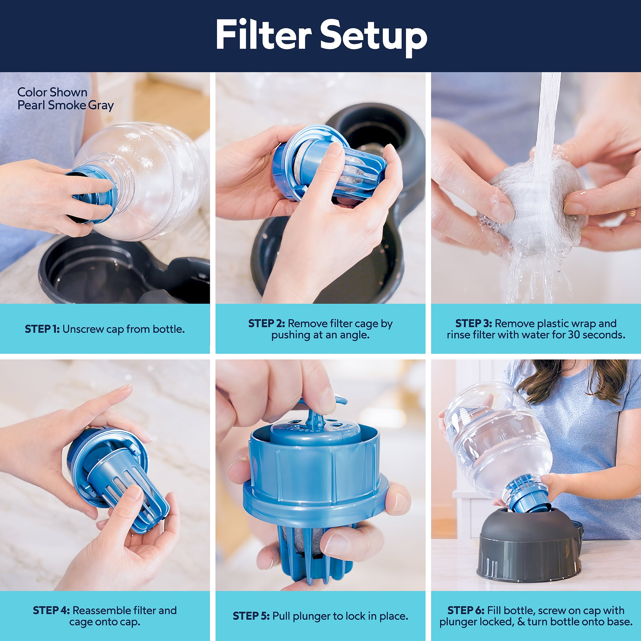 Six-step filter setup guide: unscrew cap, remove filter cage, rinse filter 30 seconds, reassemble, lock plunger, fill and attach bottle