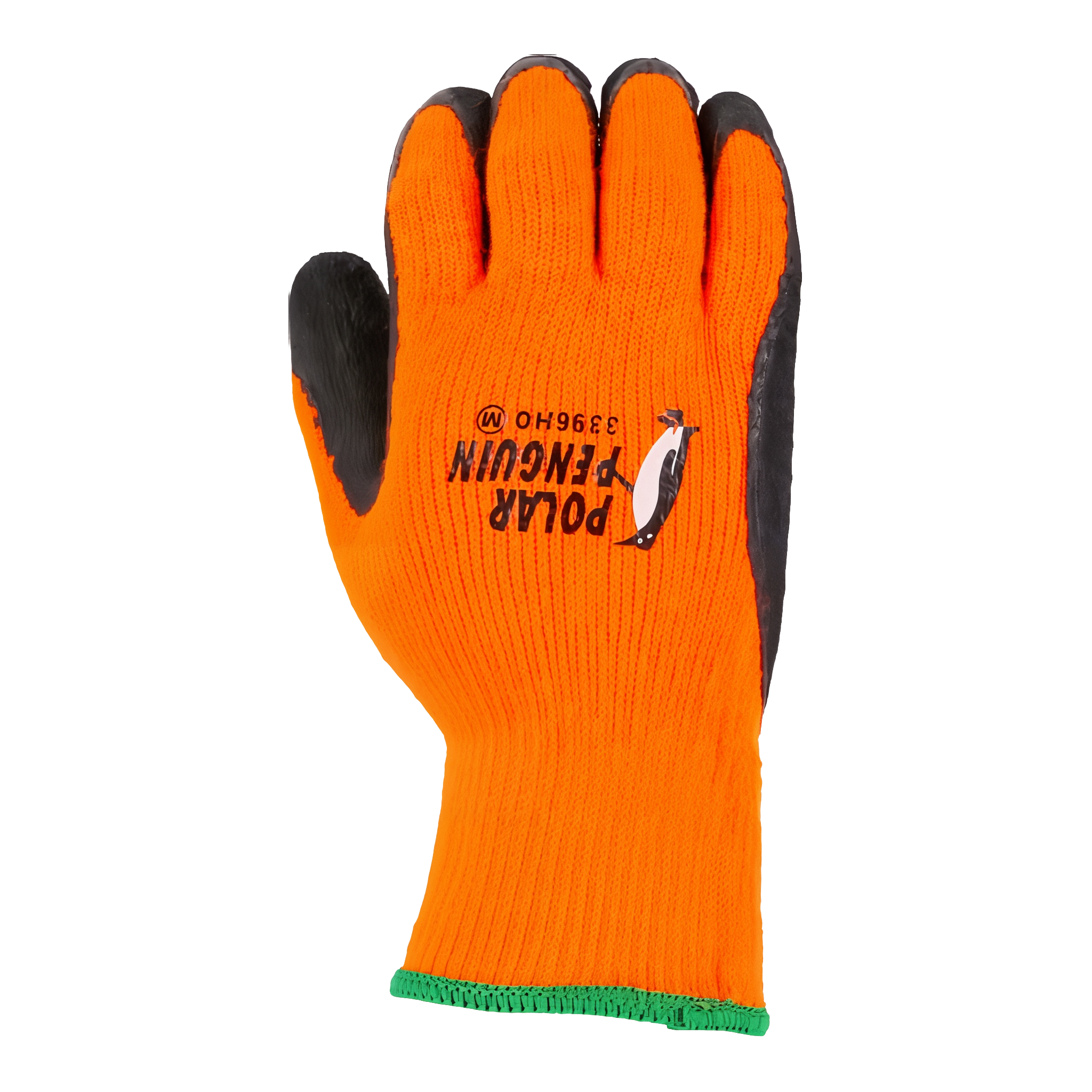 Polar Penguin Winter Lined Napped Terry Glove with foam latex dipped palm in hi-vis orange and black