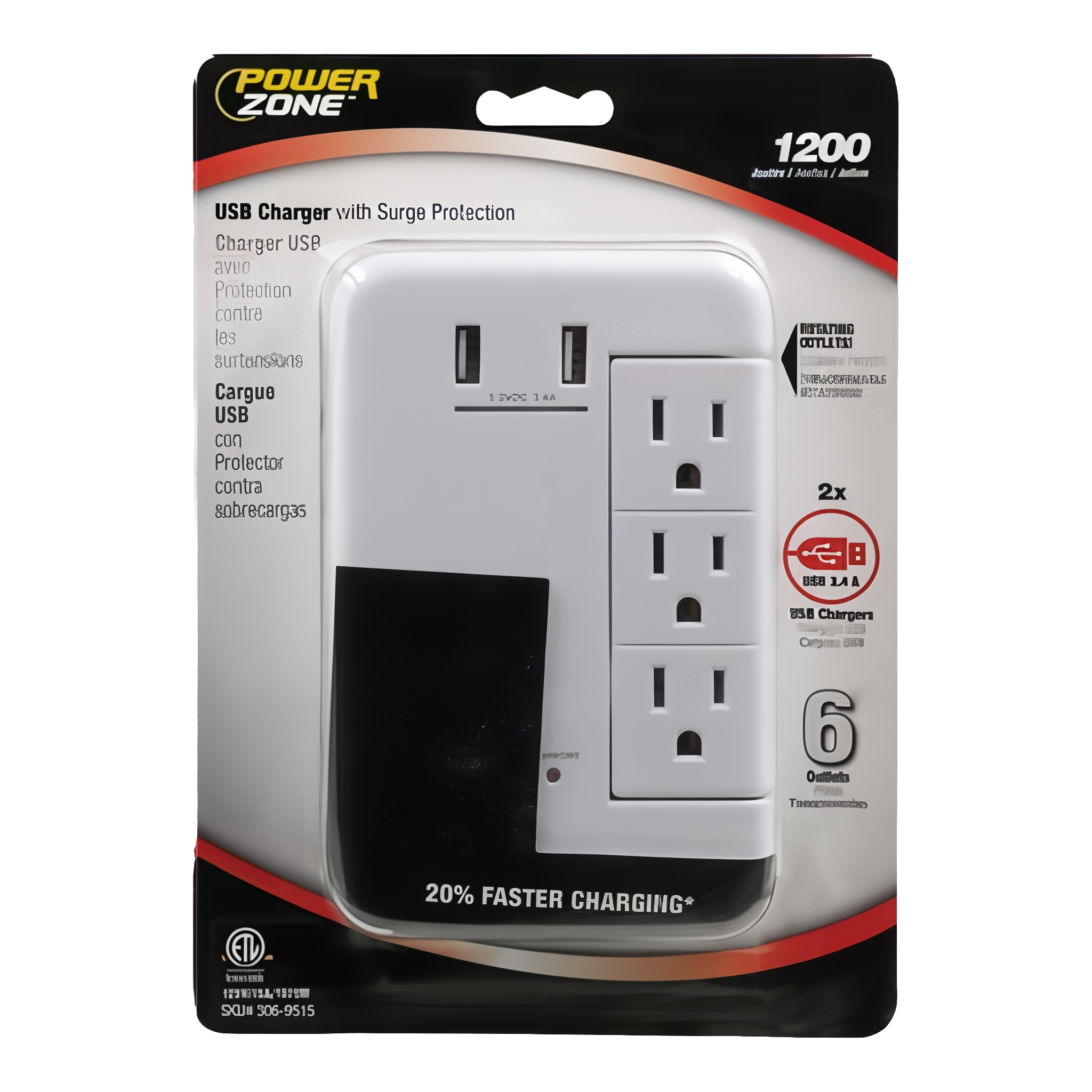PowerZone Charger 3.4 A 1200 J 6 Outlets Output 2 Ports