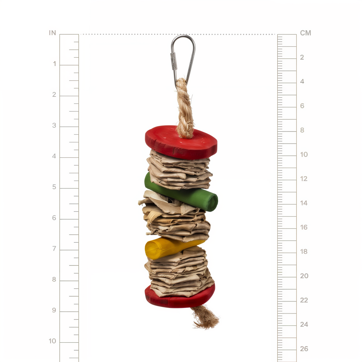 Banana Stack bird toy shown against inch and centimeter ruler