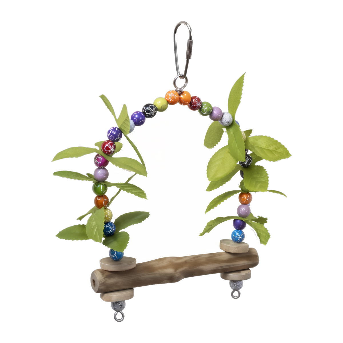 Birds of Paradise natural branch swing with colorful beads and green leaves