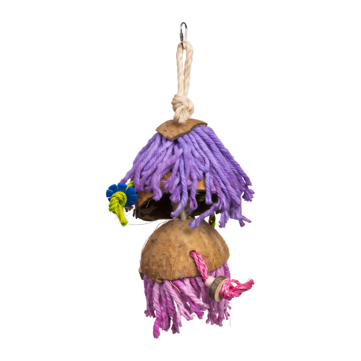 Prevue Playfuls Car Wash preen and pacify bird toy with rope strands and coconut shell #Per Unit