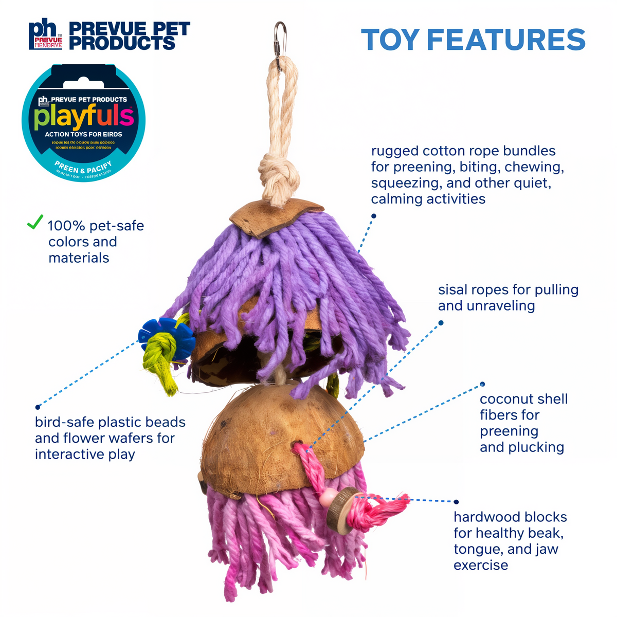 Car Wash bird toy features rope bundles sisal coconut fiber and hardwood blocks