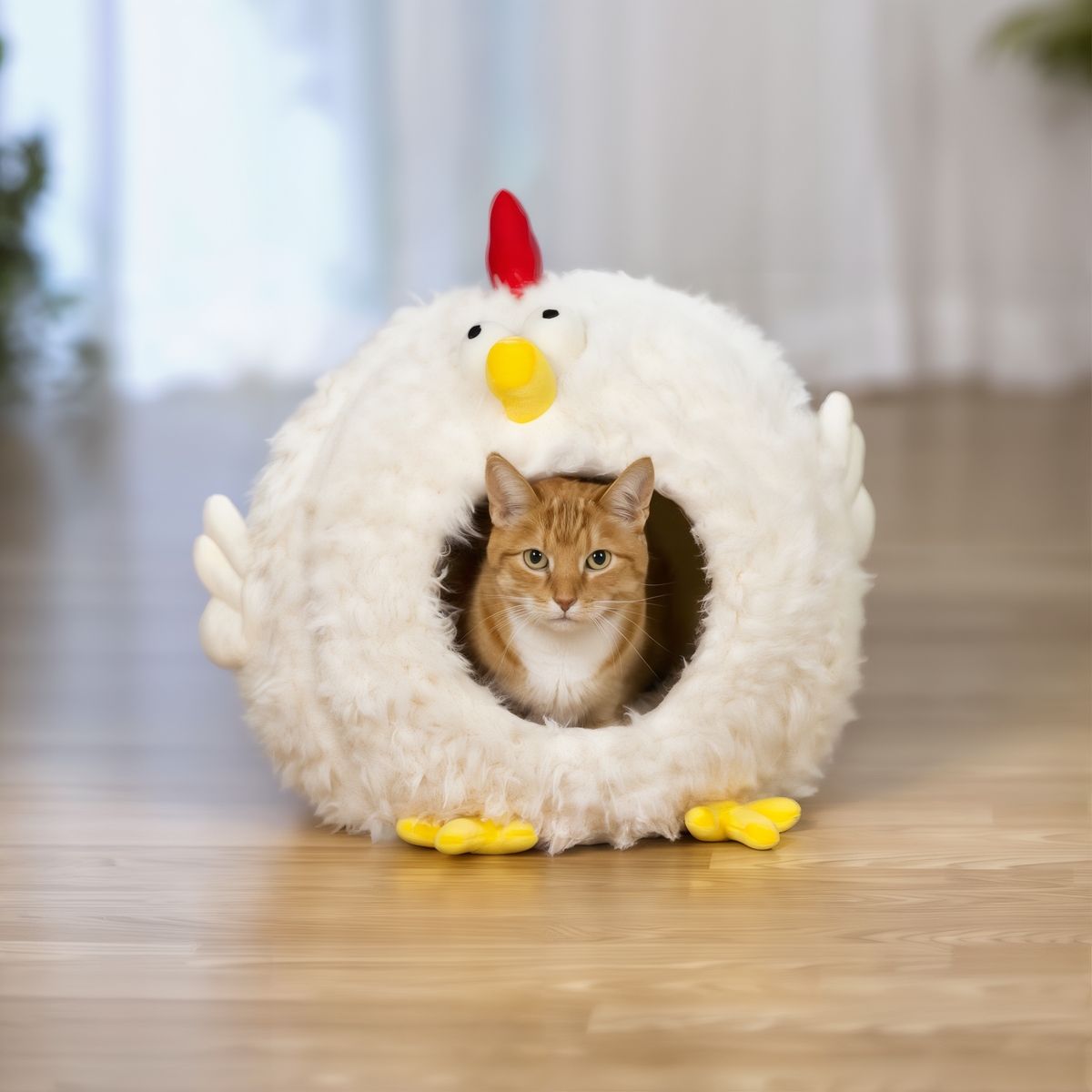 Cat resting inside the Comfy Chicken Hideaway bed on a living room floor