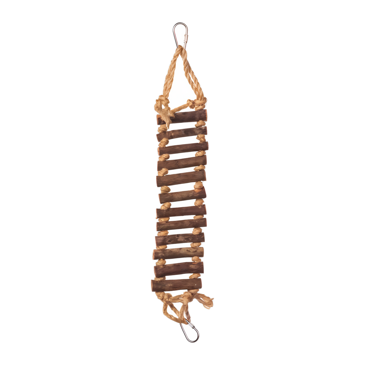 Natural wood rung rope ladder hanging straight