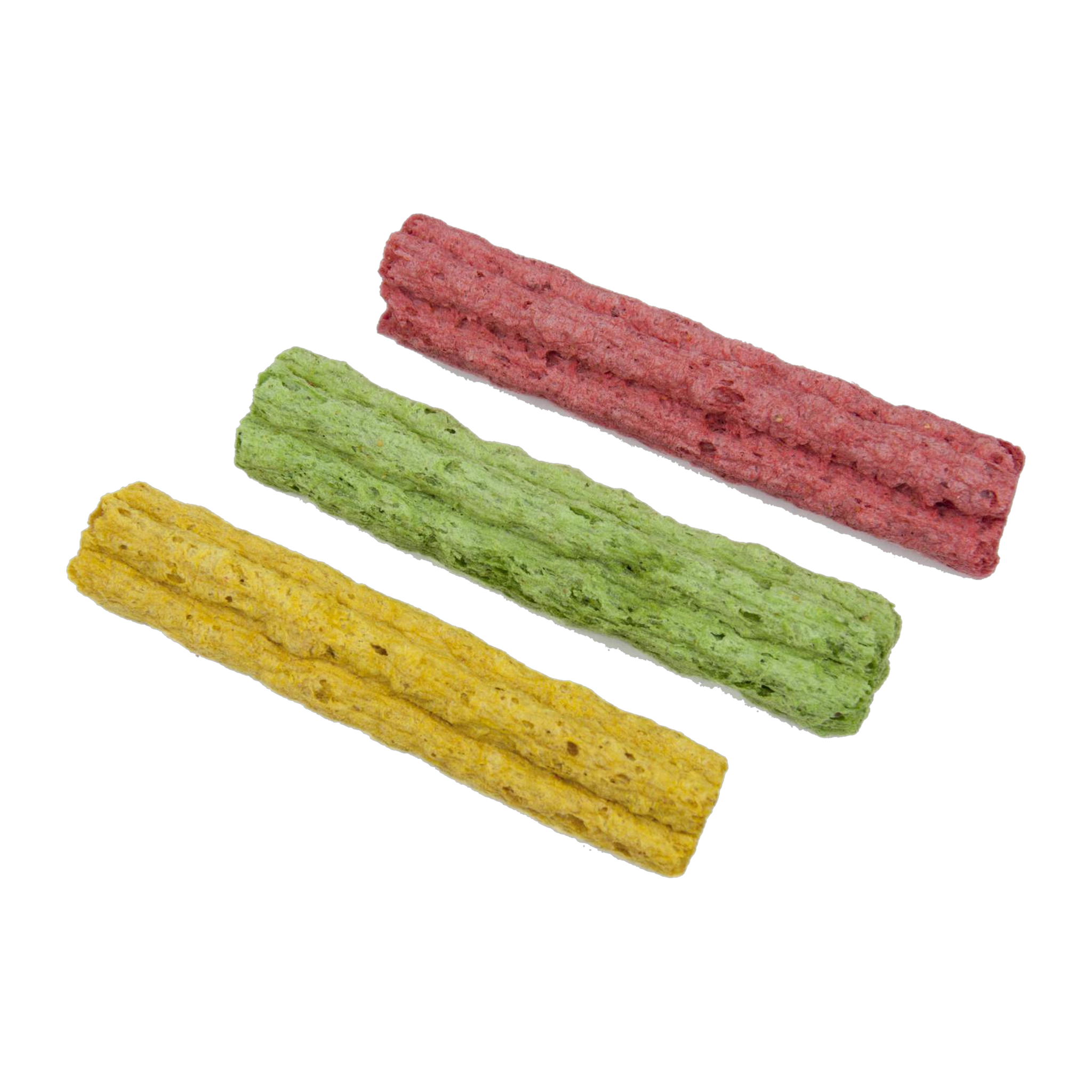 Close view of red green and yellow Party Gnaws crunchy chew logs for small pets