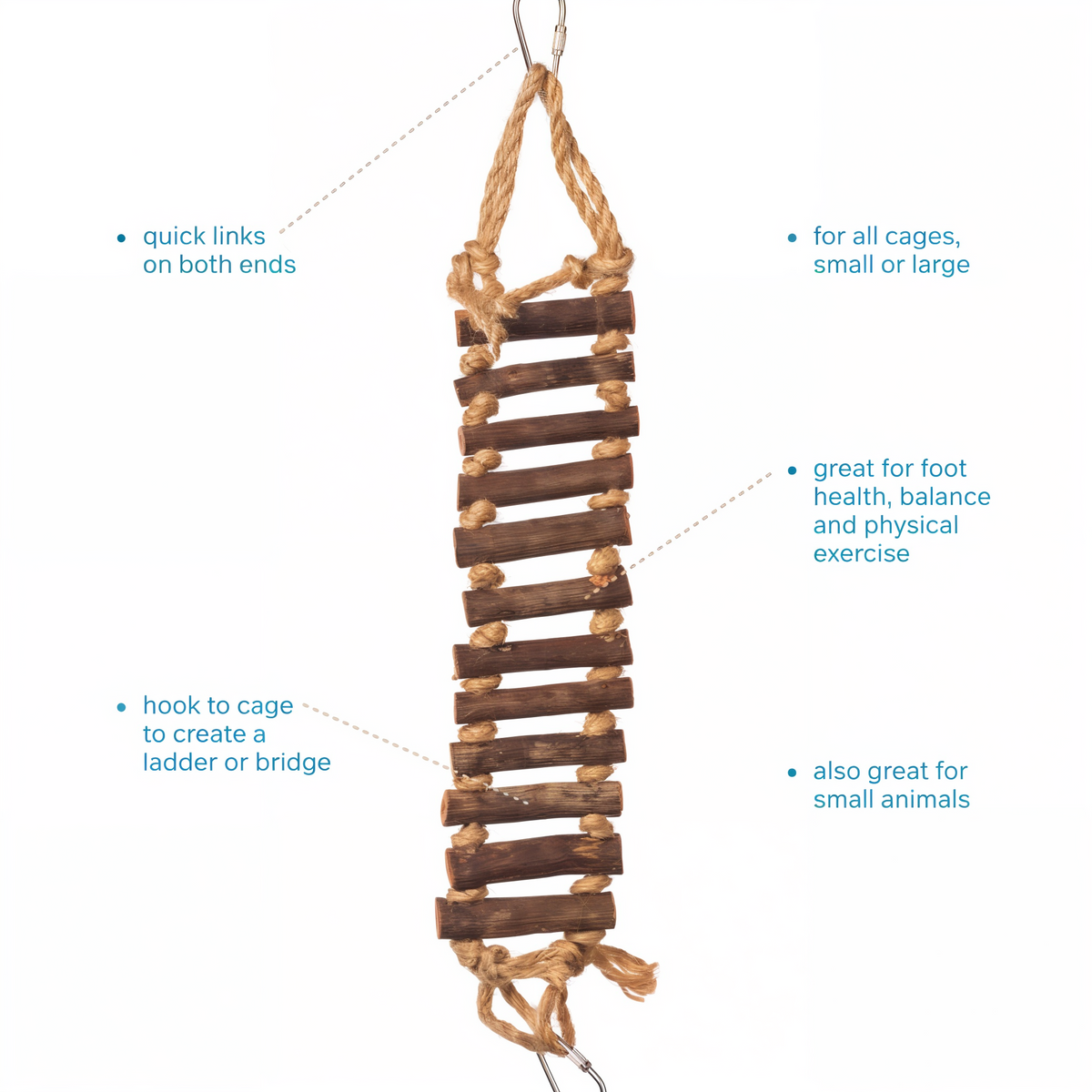 Rope ladder features quick links both ends for all cages and small animals