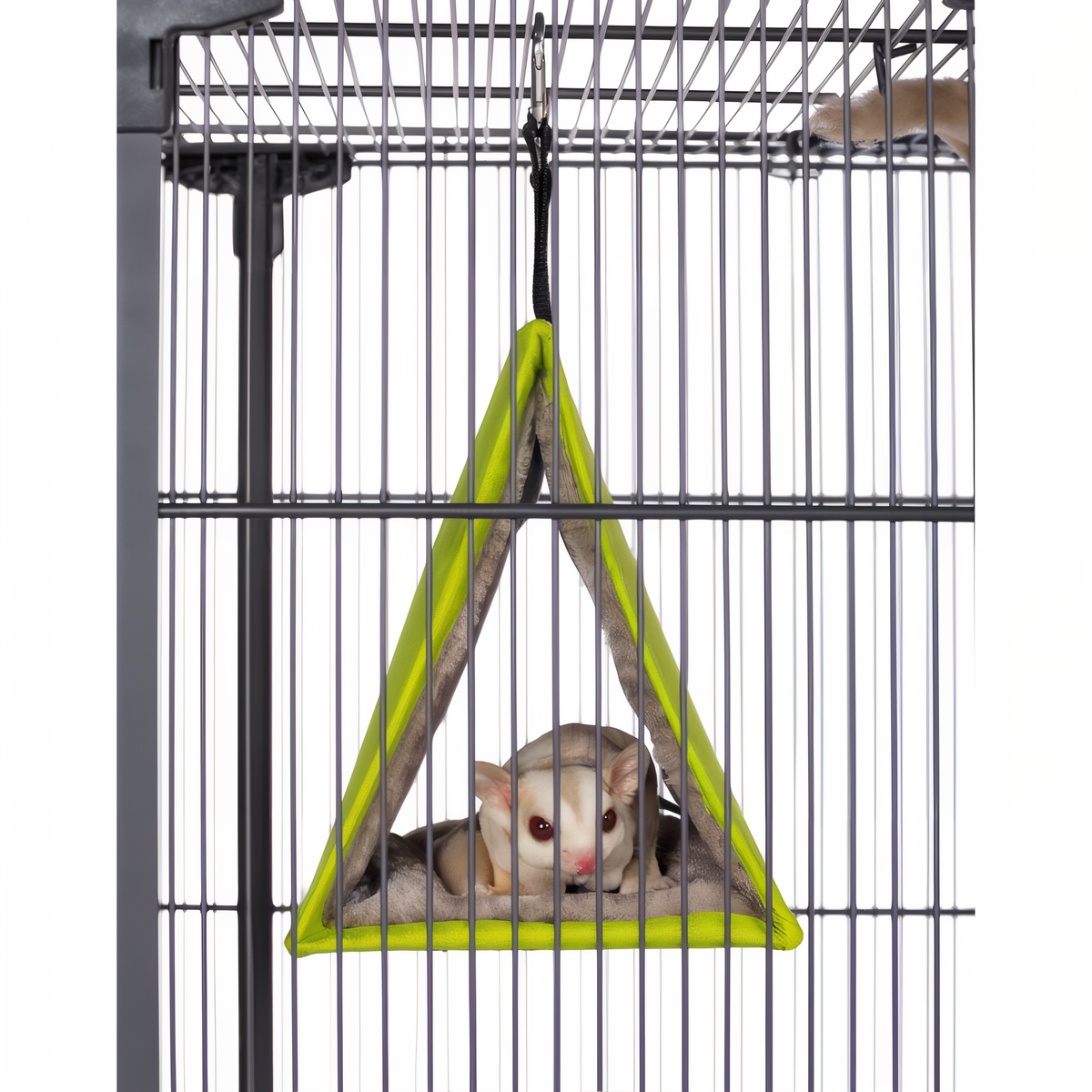 Snuggle Hut hanging inside a cage with a resting pet peeking out
