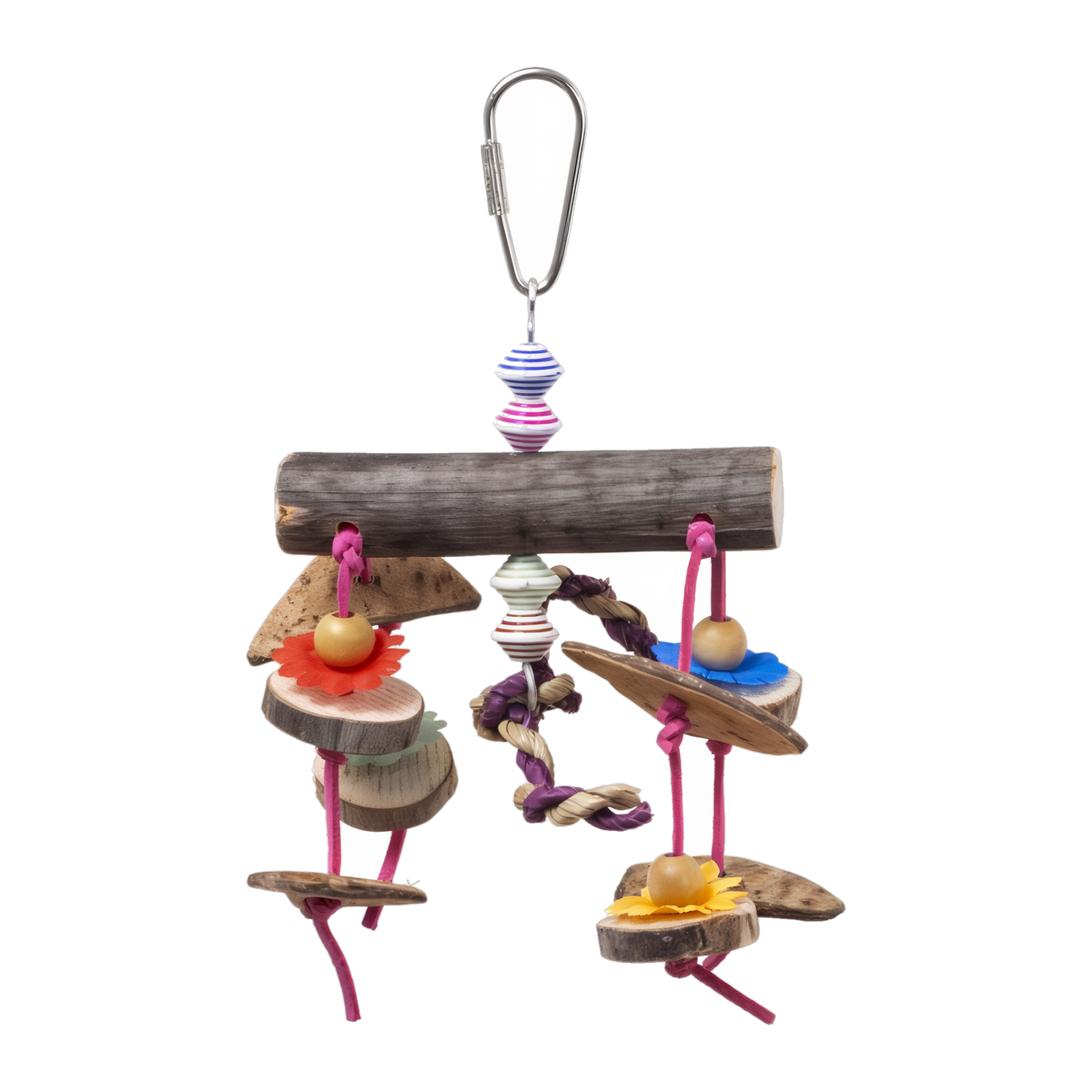 Wailua Falls mobile bird toy with wood discs shells and charms on a branch