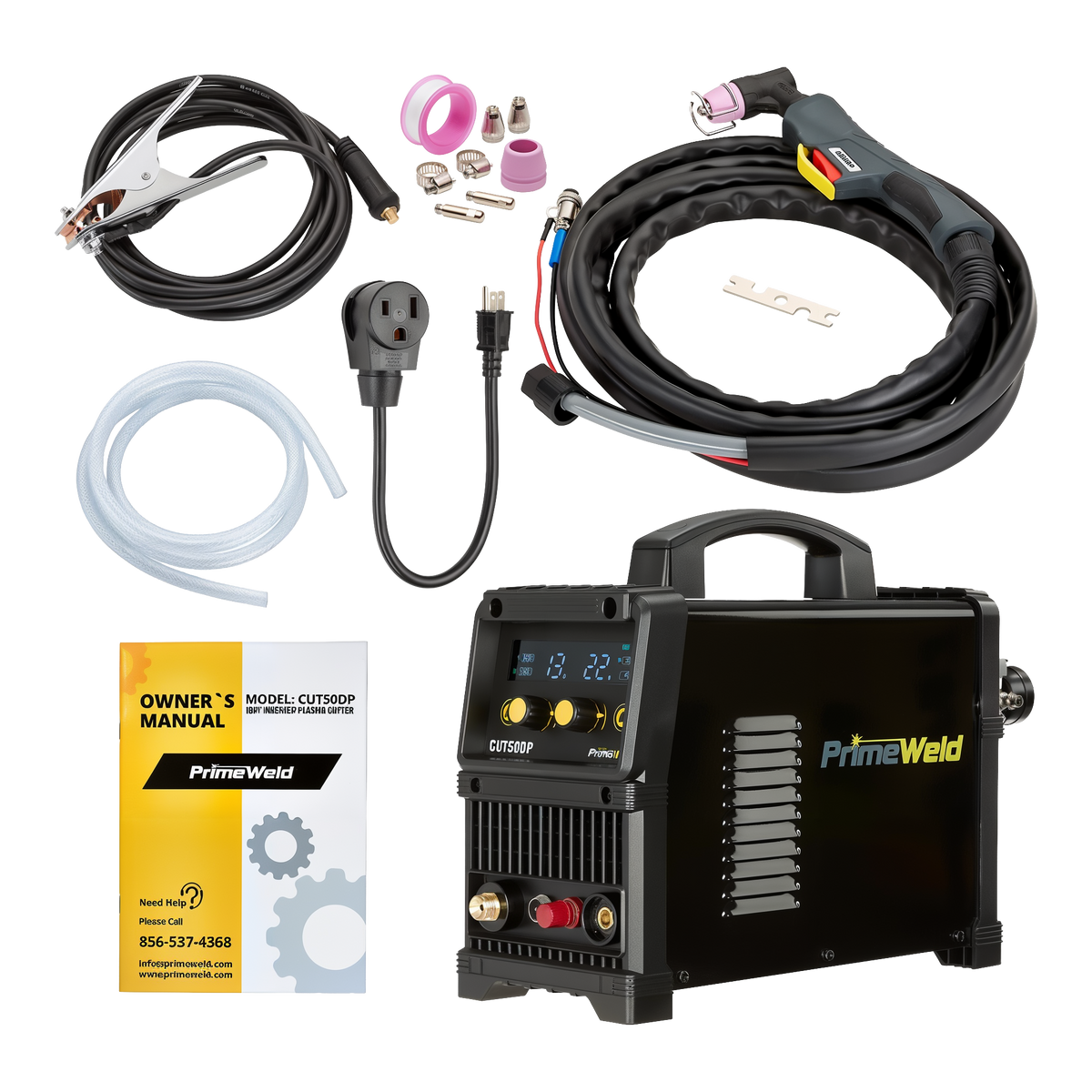 PrimeWeld CUT50DP 50-Amp 110v/220v Plasma Cutter -- group shot: machine with torch