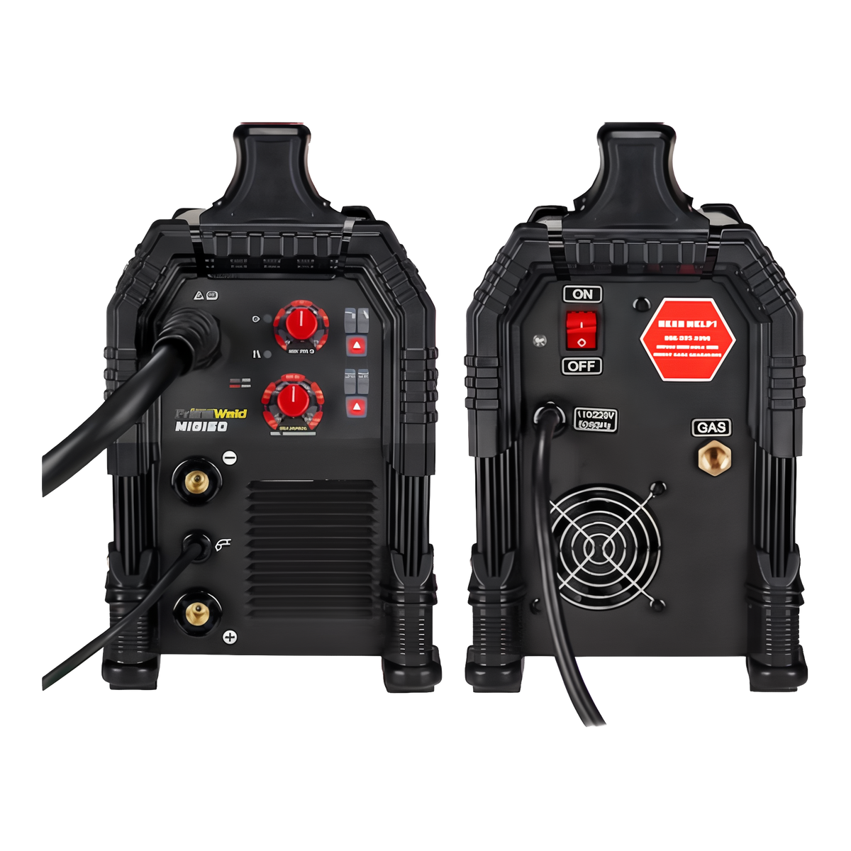 PrimeWeld MIG160 Portable Flux Core MIG Welder -- front and back views