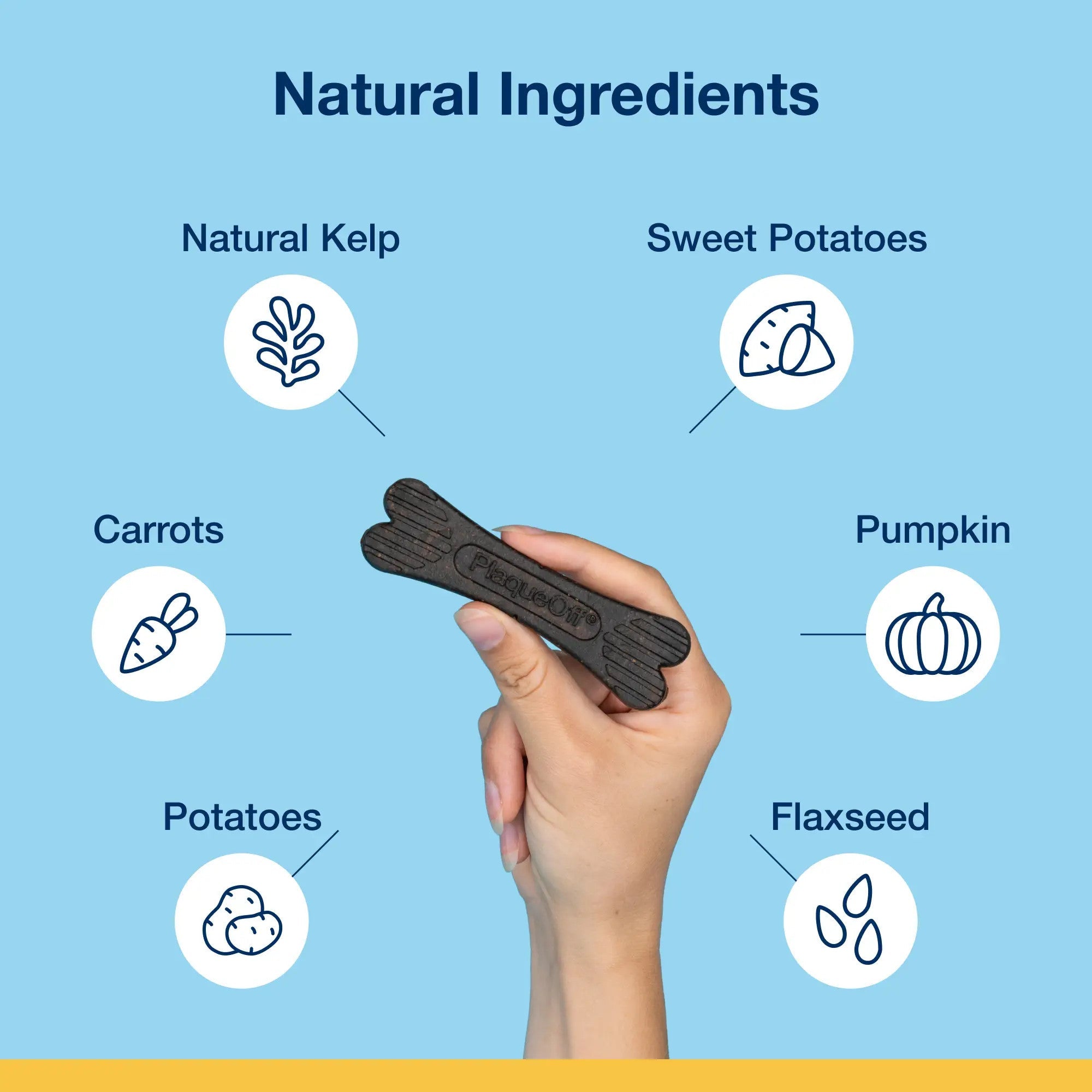 Natural ingredients including kelp, sweet potatoes, carrots, potatoes, pumpkin, and flaxseed