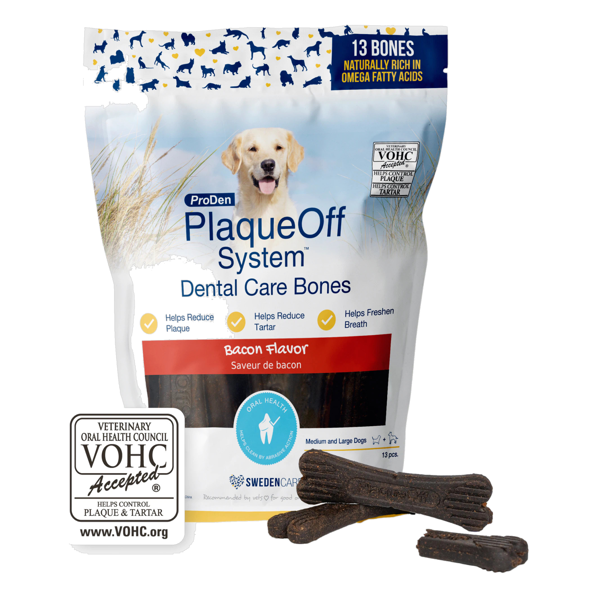 ProDen PlaqueOff System Dental Care Bones Bacon Flavor 13 count bag front #13 BONES