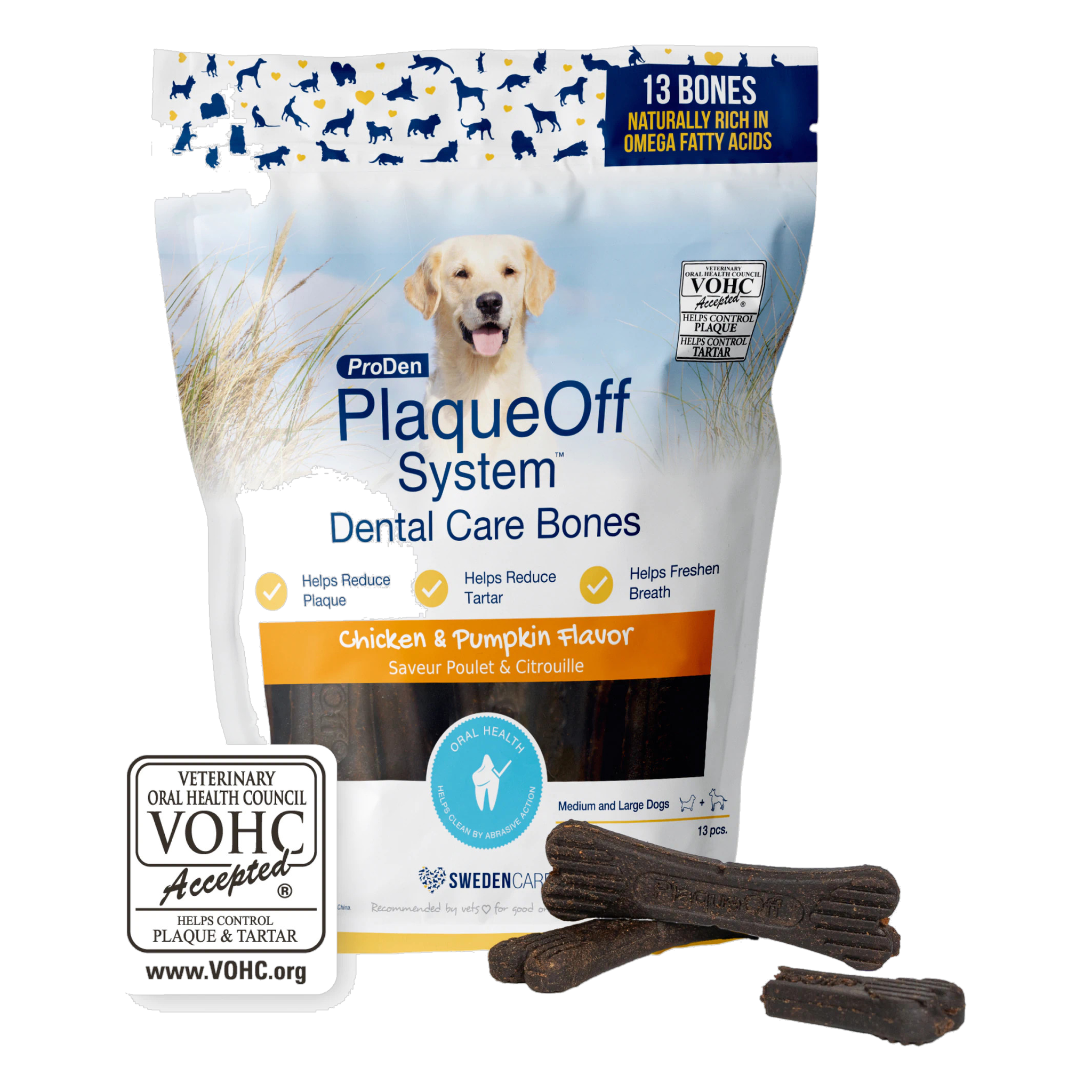 ProDen PlaqueOff System Dental Care Bones Chicken and Pumpkin Flavor 13 count bag front #13 BONES