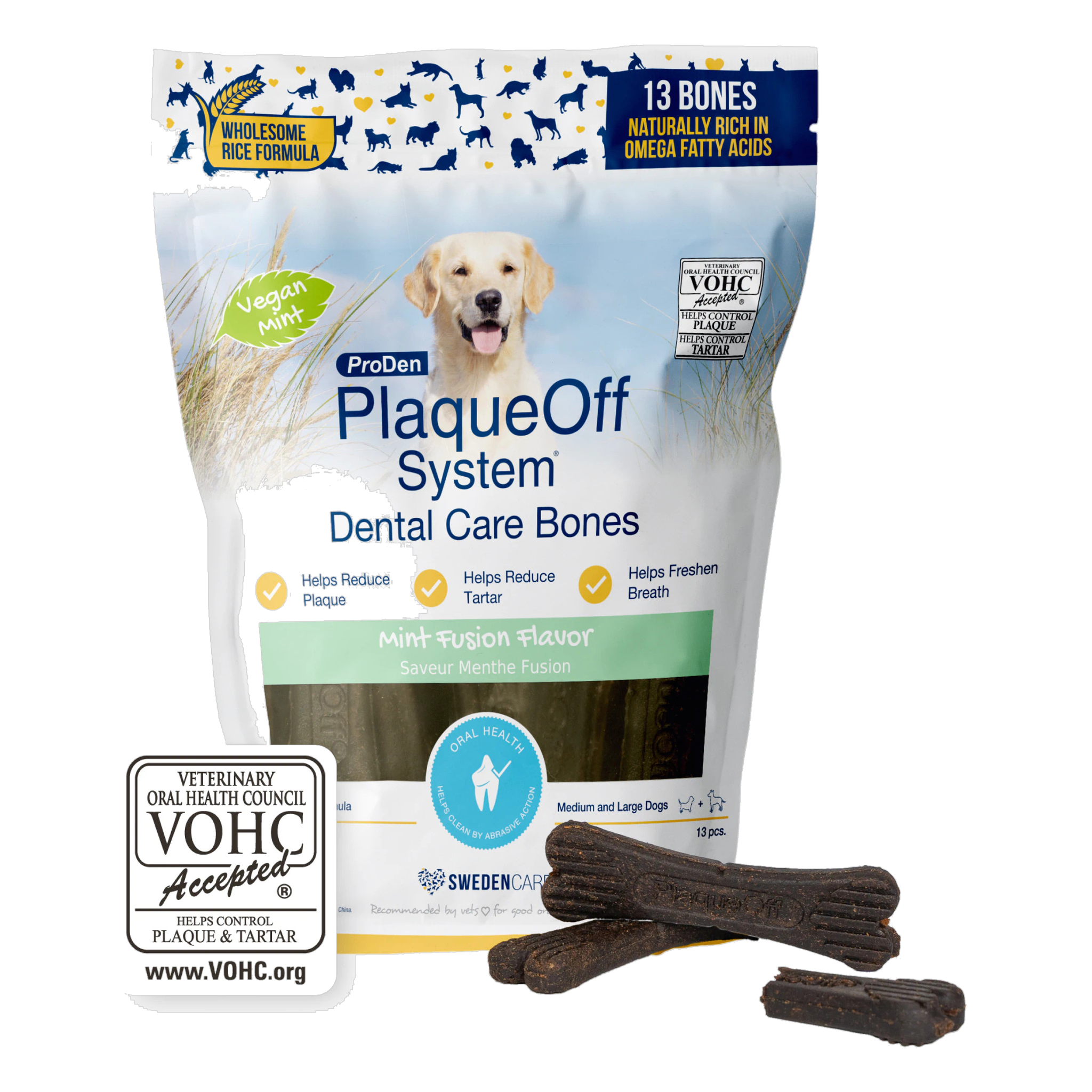 ProDen PlaqueOff System Dental Care Bones Mint Fusion Flavor 13 count bag front #13 BONES