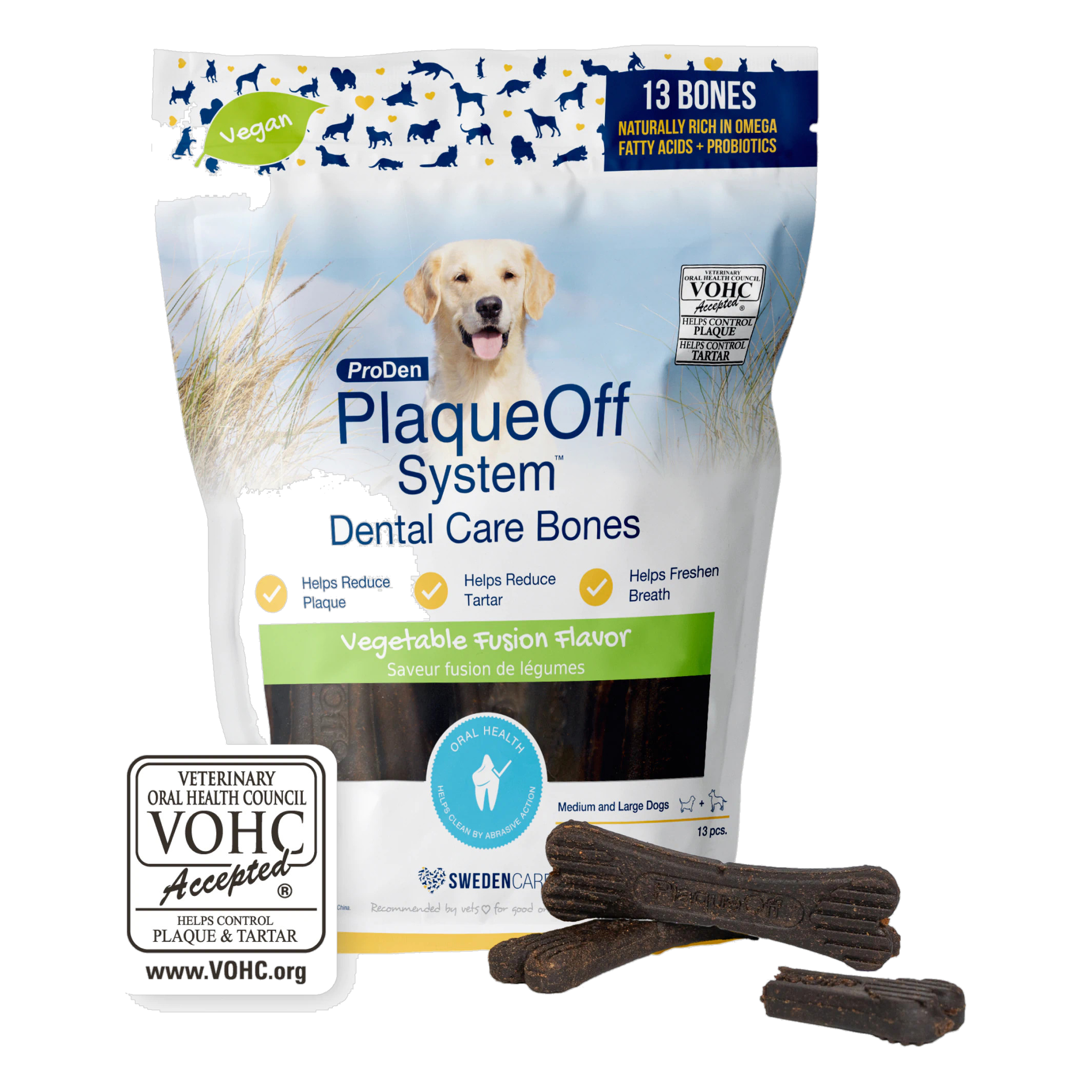 ProDen PlaqueOff System Dental Care Bones Vegetable Fusion Flavor 13 count bag front #13 BONES