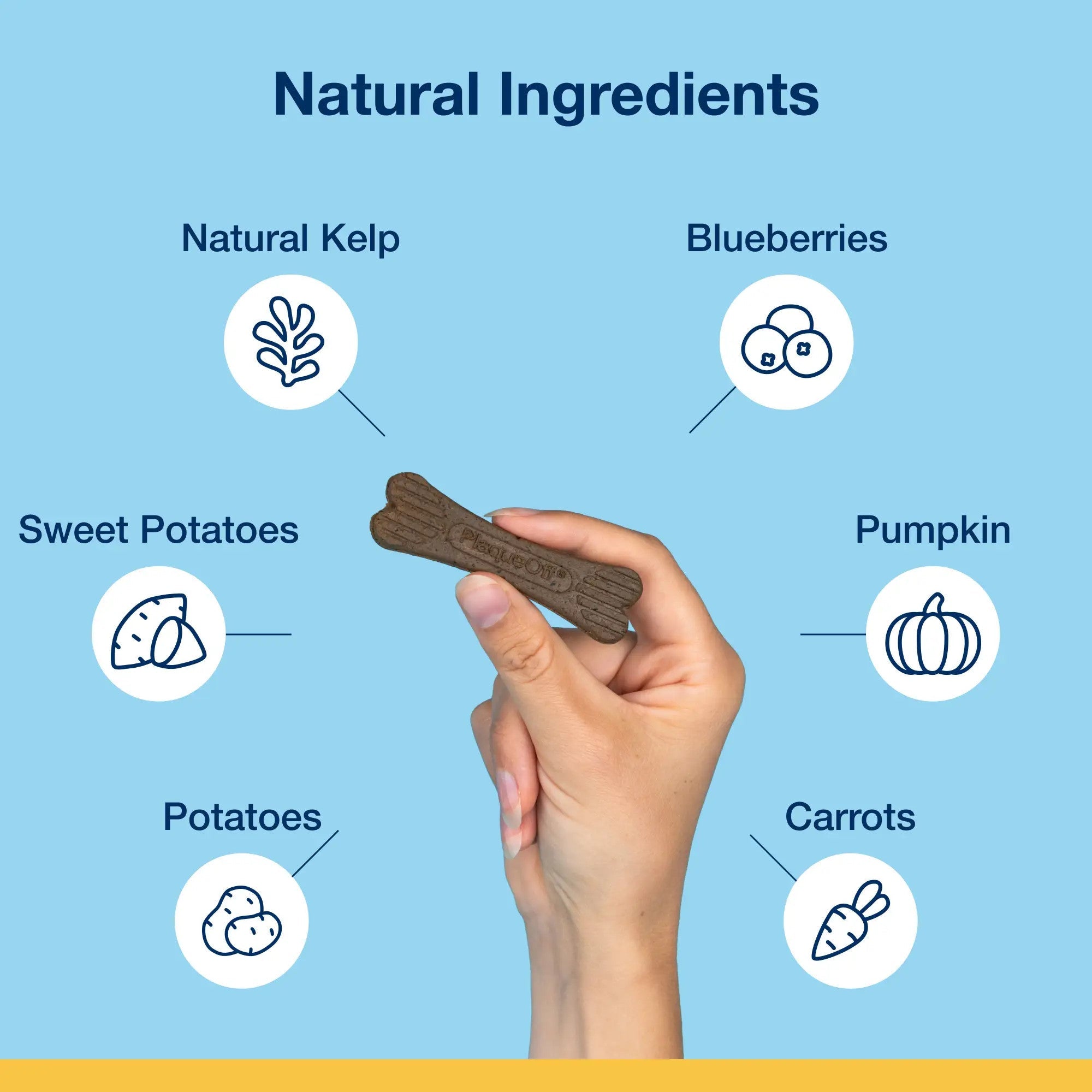 Natural ingredients including kelp, blueberries, sweet potatoes, carrots, potatoes, and pumpkin