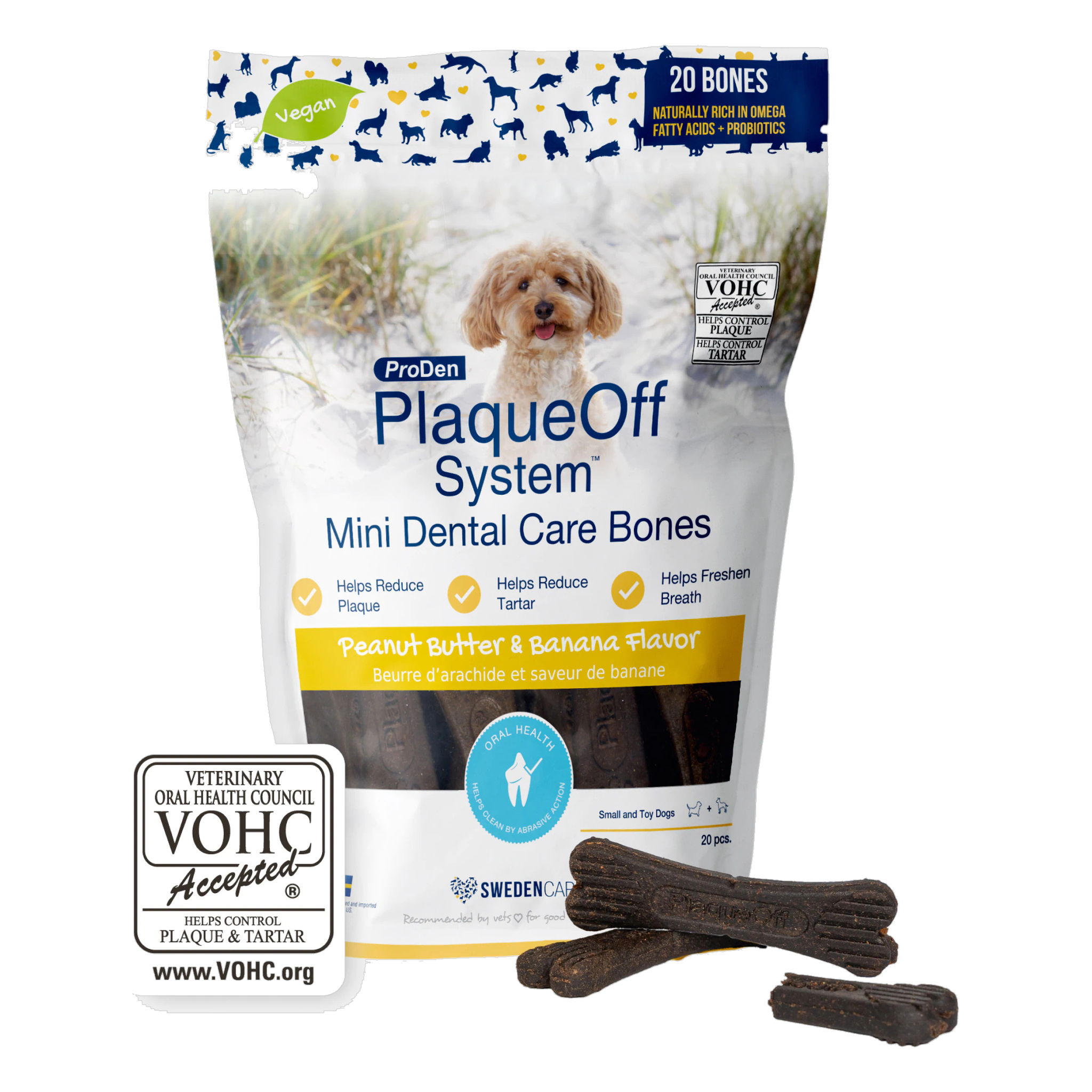 ProDen PlaqueOff System Mini Dental Care Bones Peanut Butter and Banana Flavor 20 count bag front #20 BONES