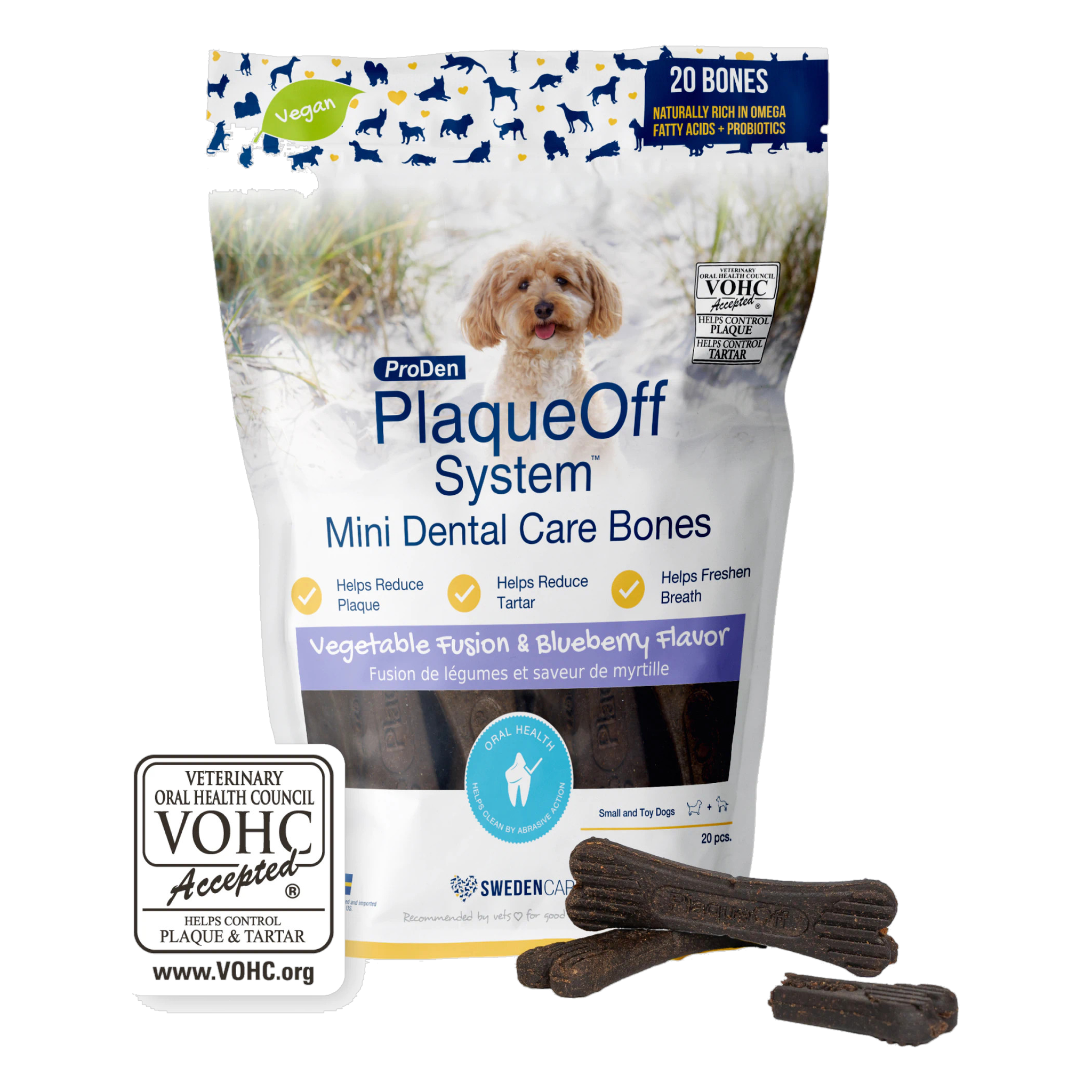 ProDen PlaqueOff System Mini Dental Care Bones Vegetable Fusion and Blueberry Flavor 20 count bag front #20 BONES