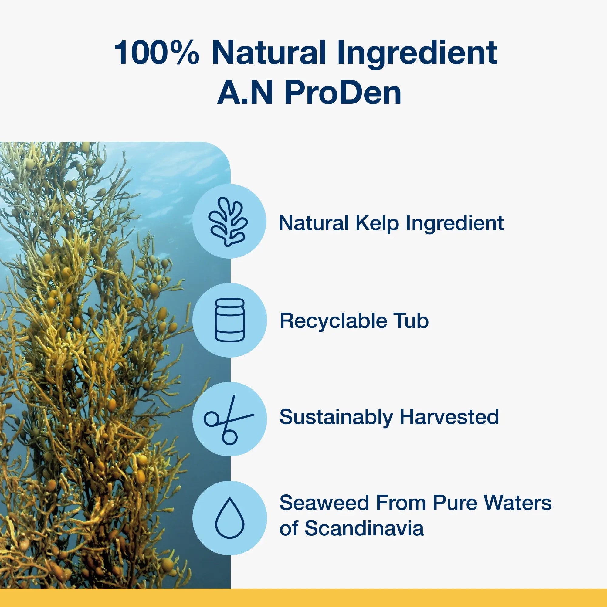100 percent natural A.N ProDen kelp ingredient sustainably harvested from the pure waters of Scandinavia