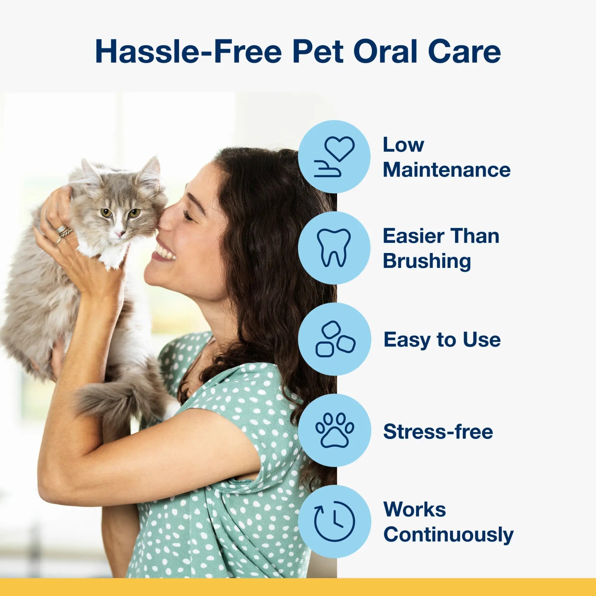 Panel showing hassle-free pet oral care benefits of ProDen PlaqueOff Cat Soft Chews