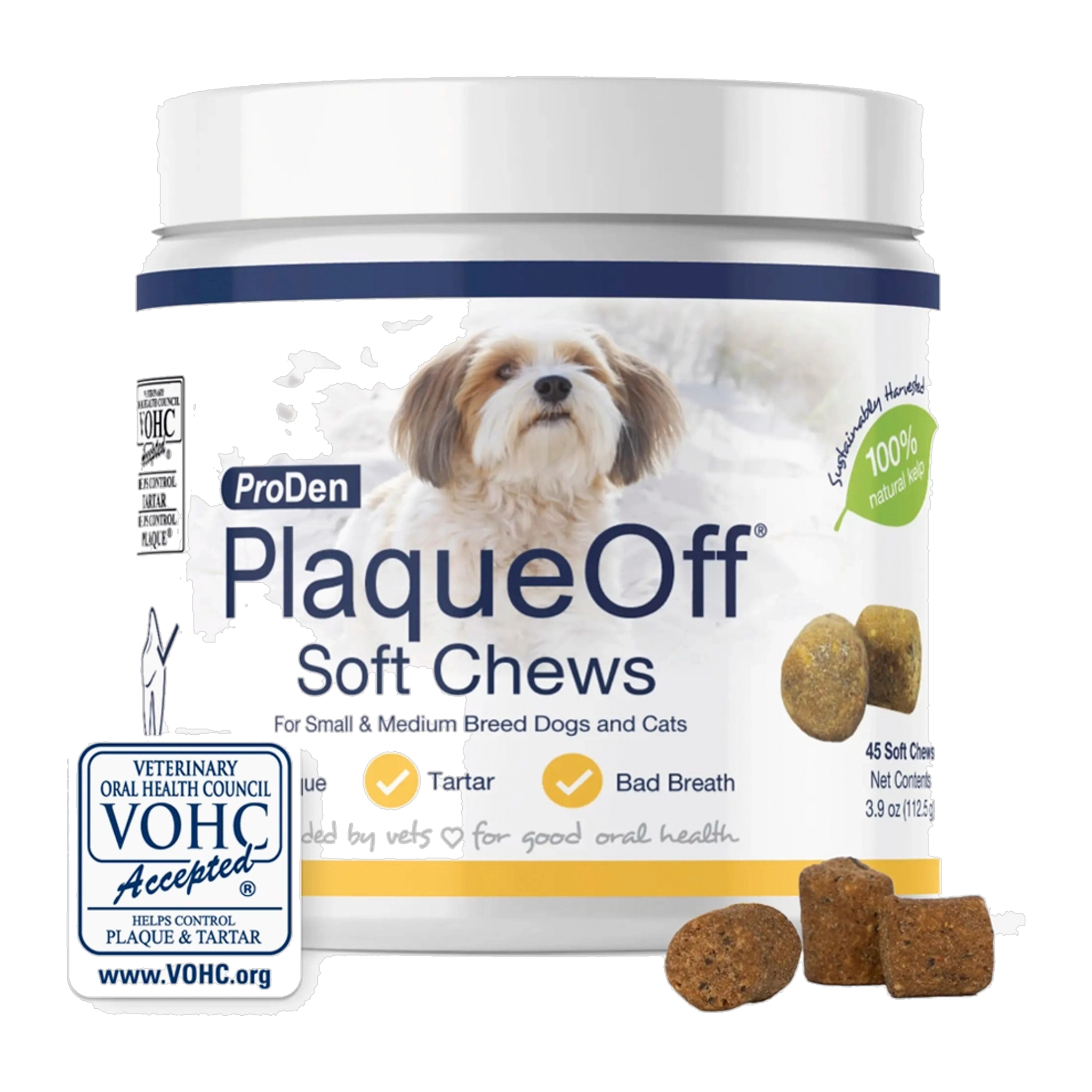 ProDen PlaqueOff Small & Medium Breed Dog Soft Chews, 45 ct tub, front #45 ct