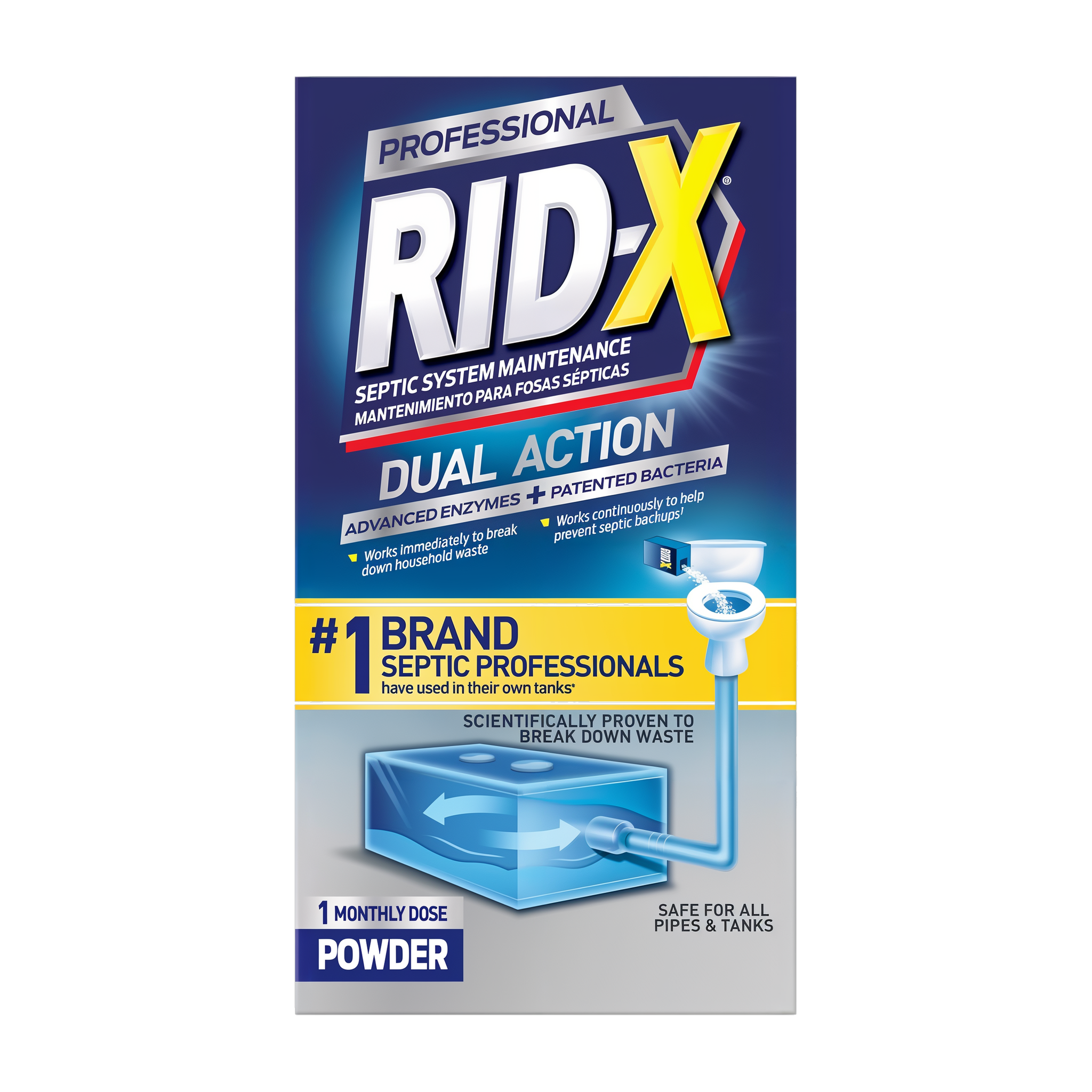 Professional Rid-X Septic System Maintenance 9.8 oz dual action powder box on transparent background