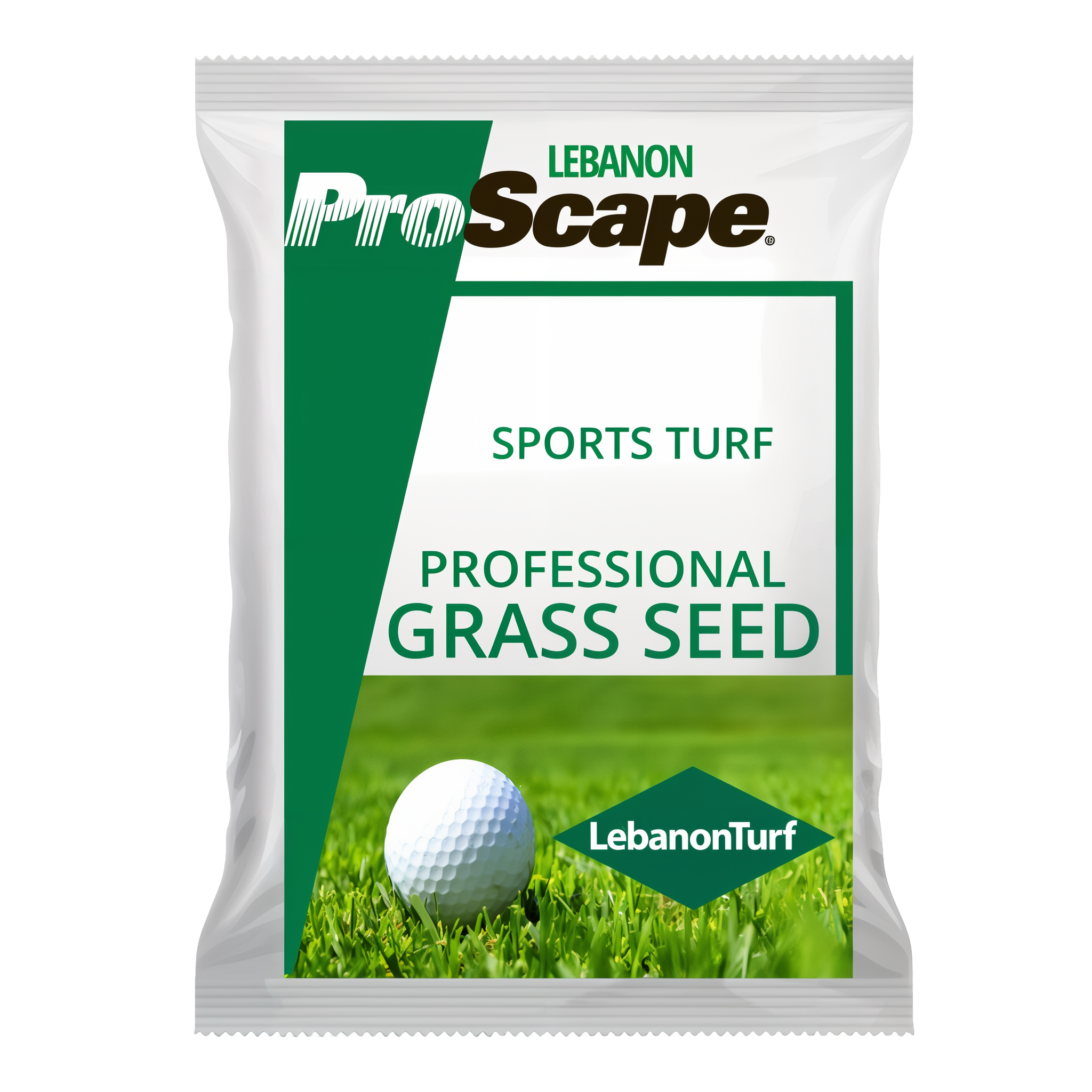 LebanonTurf ProScape Sportsturf Mix Professional Grass Seed — retail poly bag with green ProScape logo, 'SPORTS TURF / PROFESSIONAL GRASS SEED' callout, golf ball on green lawn photo, and LebanonTurf diamond brand mark (25 lb retail packaging)