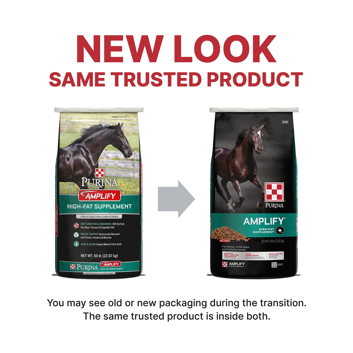 Purina Amplify packaging update, old and new bag show the same trusted product