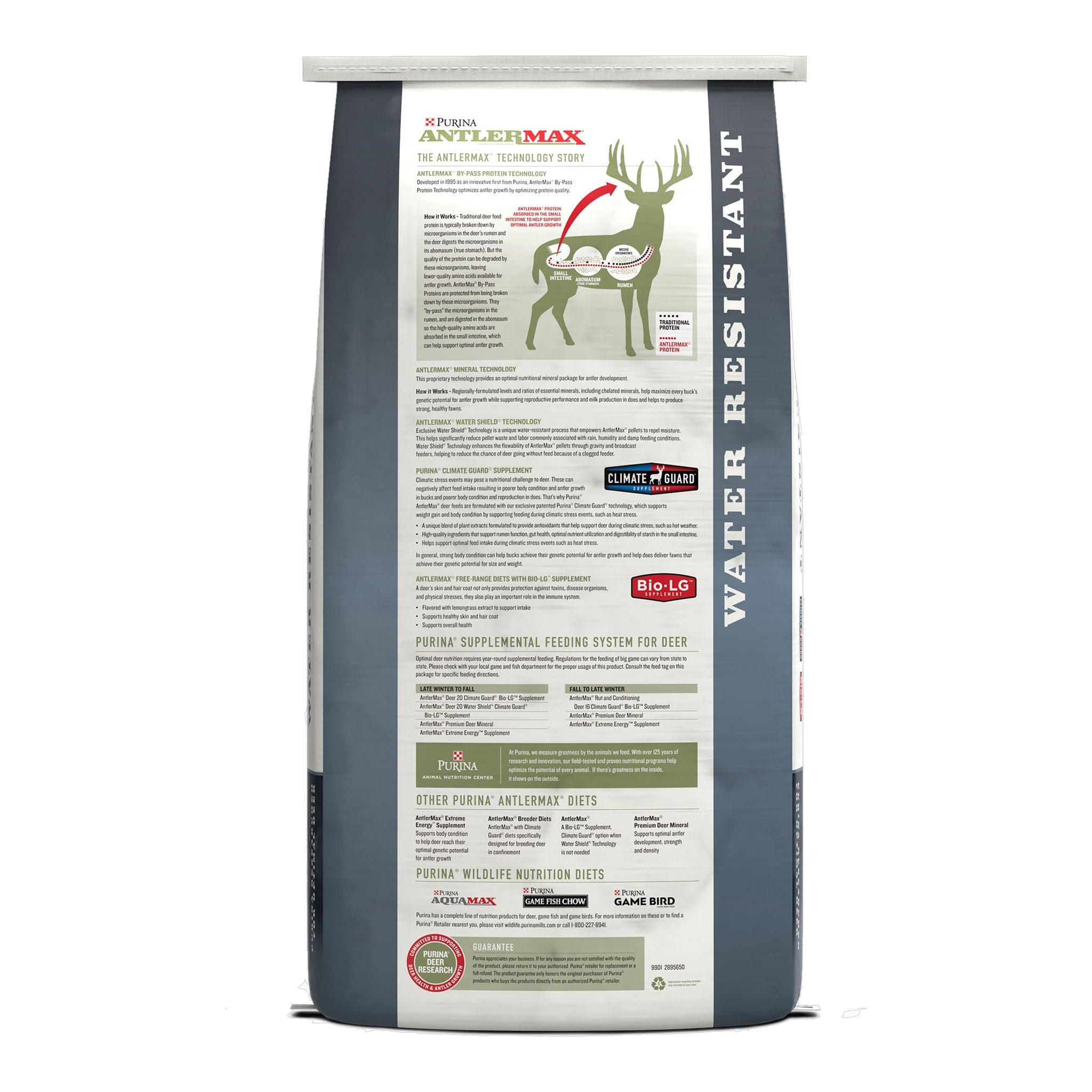 Back of the AntlerMax Water Shield Deer 20 bag with feeding directions and guaranteed analysis