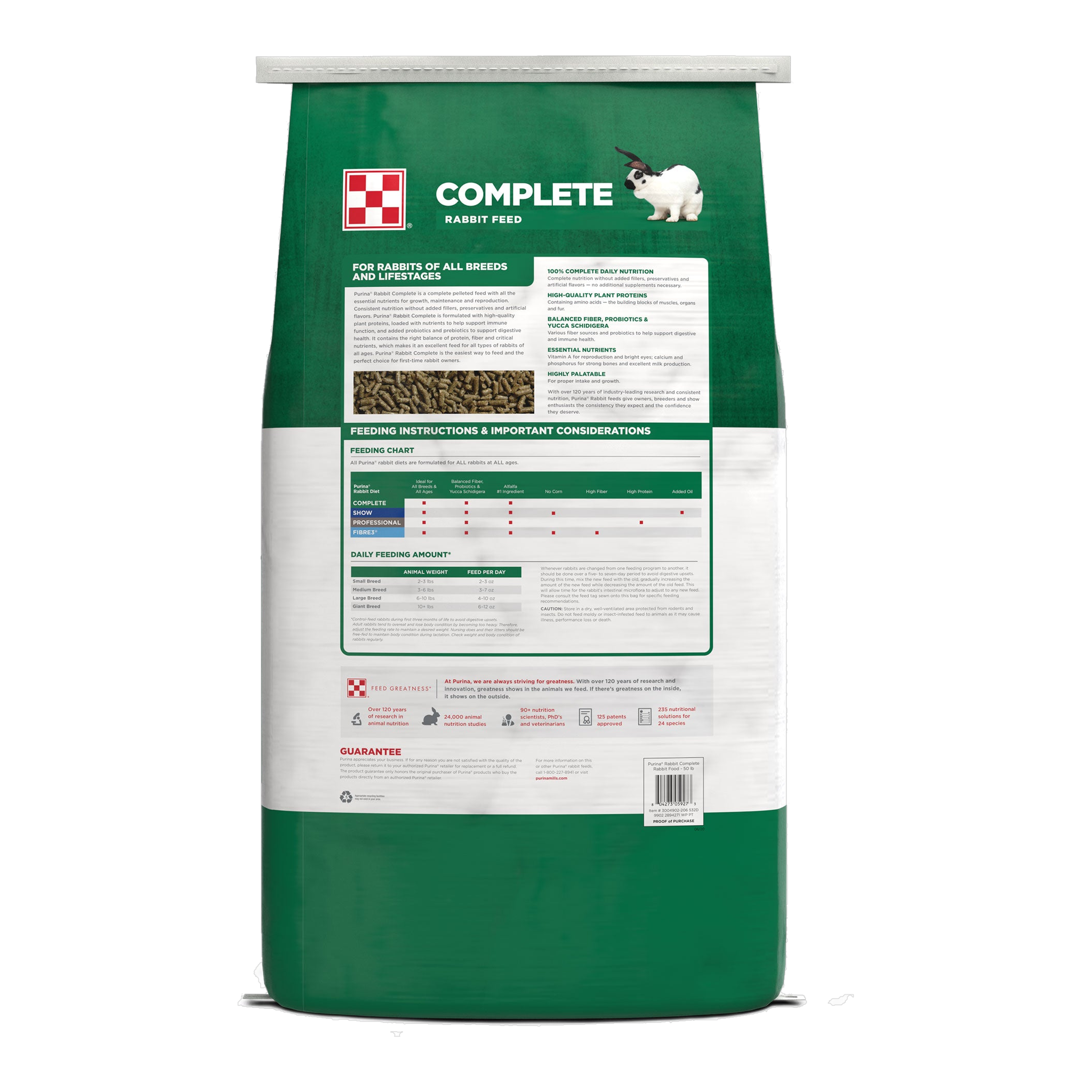 Back of the Purina Complete Rabbit Feed bag with feeding chart and guaranteed analysis