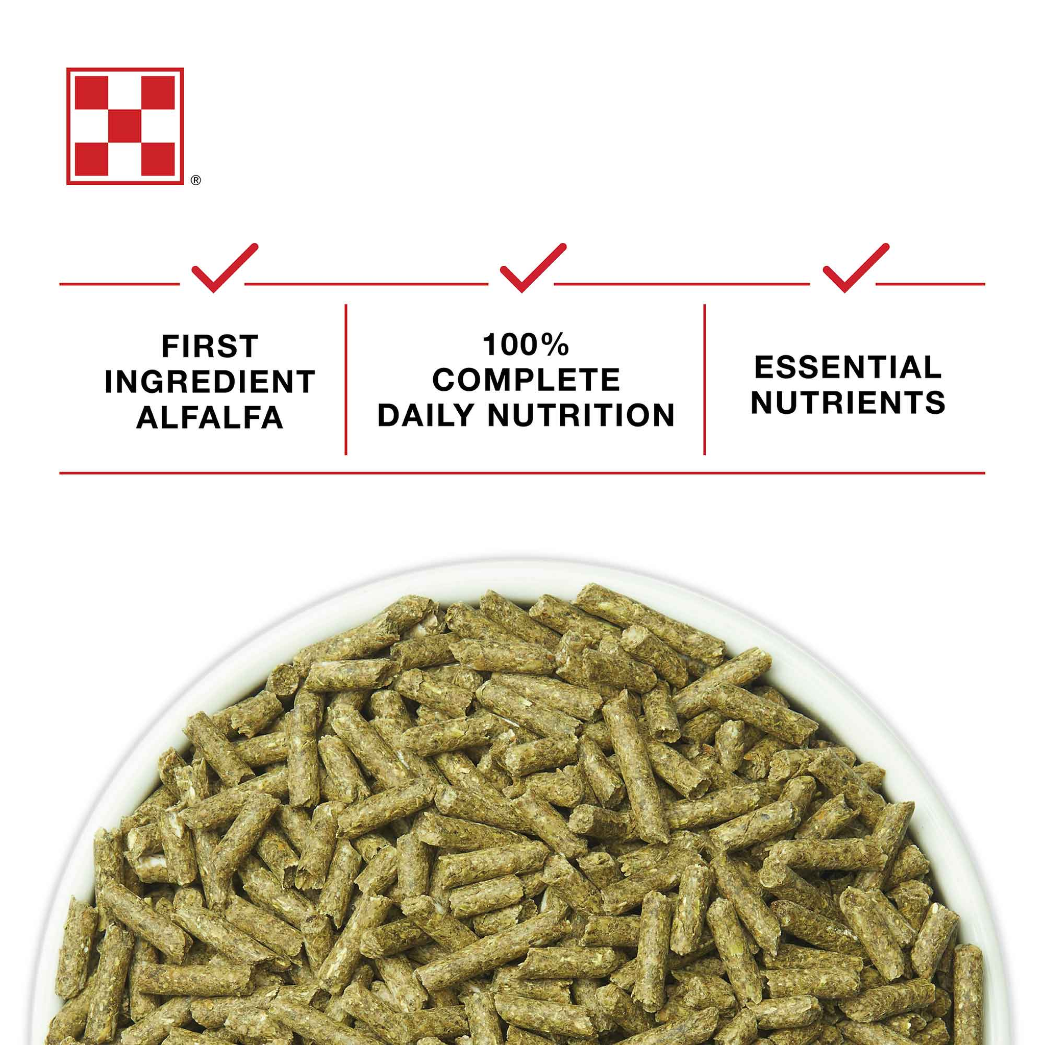 Purina Complete Rabbit Feed alfalfa pellets in a bowl