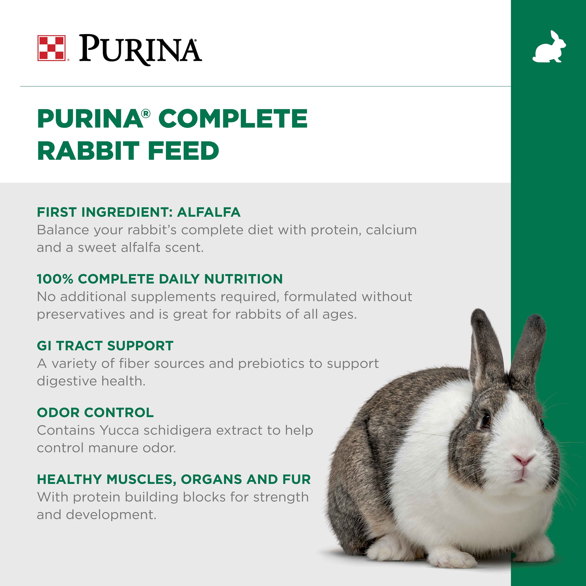 Purina Complete Rabbit Feed key benefits - alfalfa first ingredient, complete daily nutrition, GI tract support, odor control
