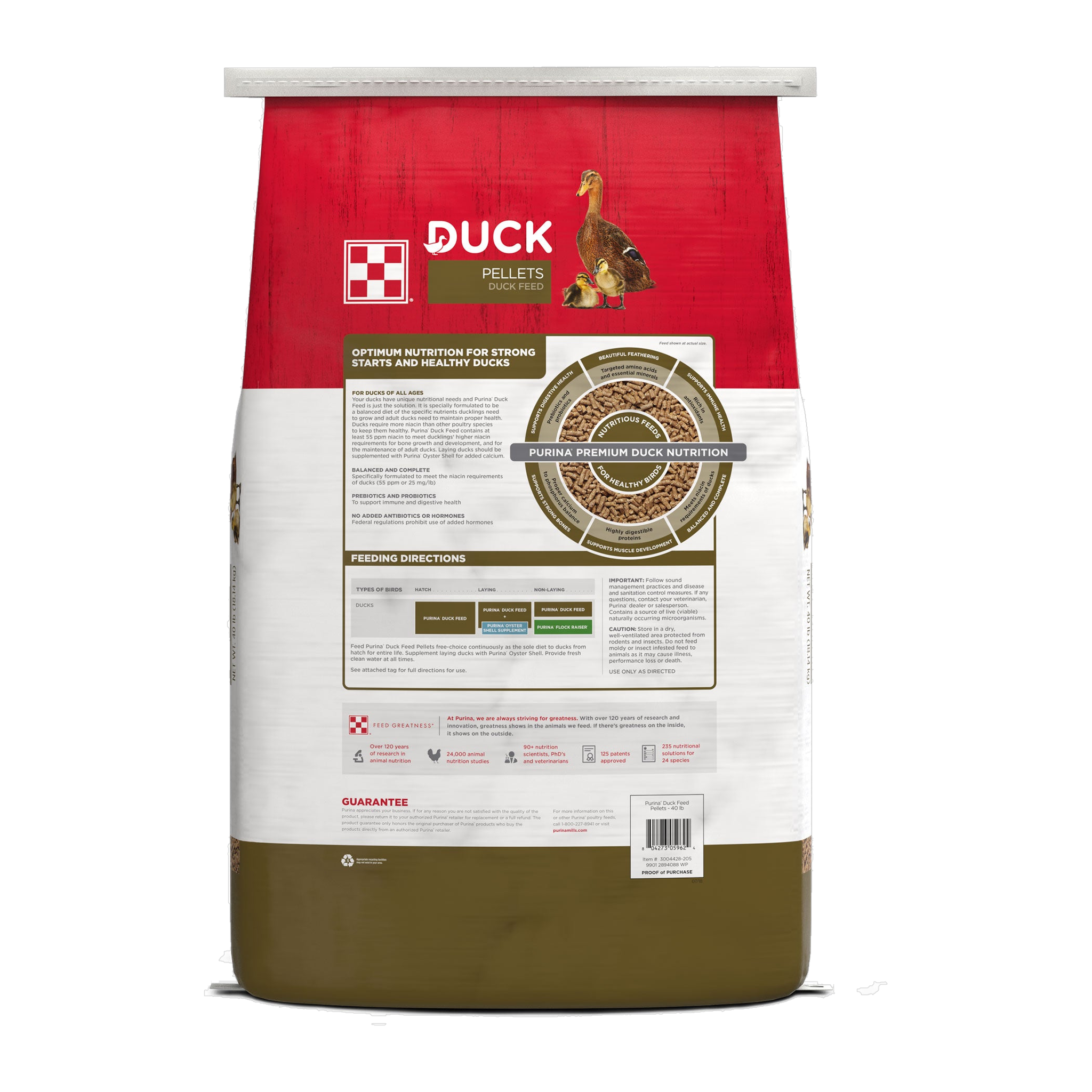 Back of the Purina Duck Feed Pellets 40 lb bag showing feeding directions and guaranteed analysis