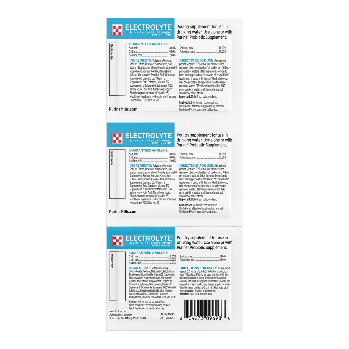 Back of the Purina poultry electrolyte packets with guaranteed analysis, ingredients and directions for use