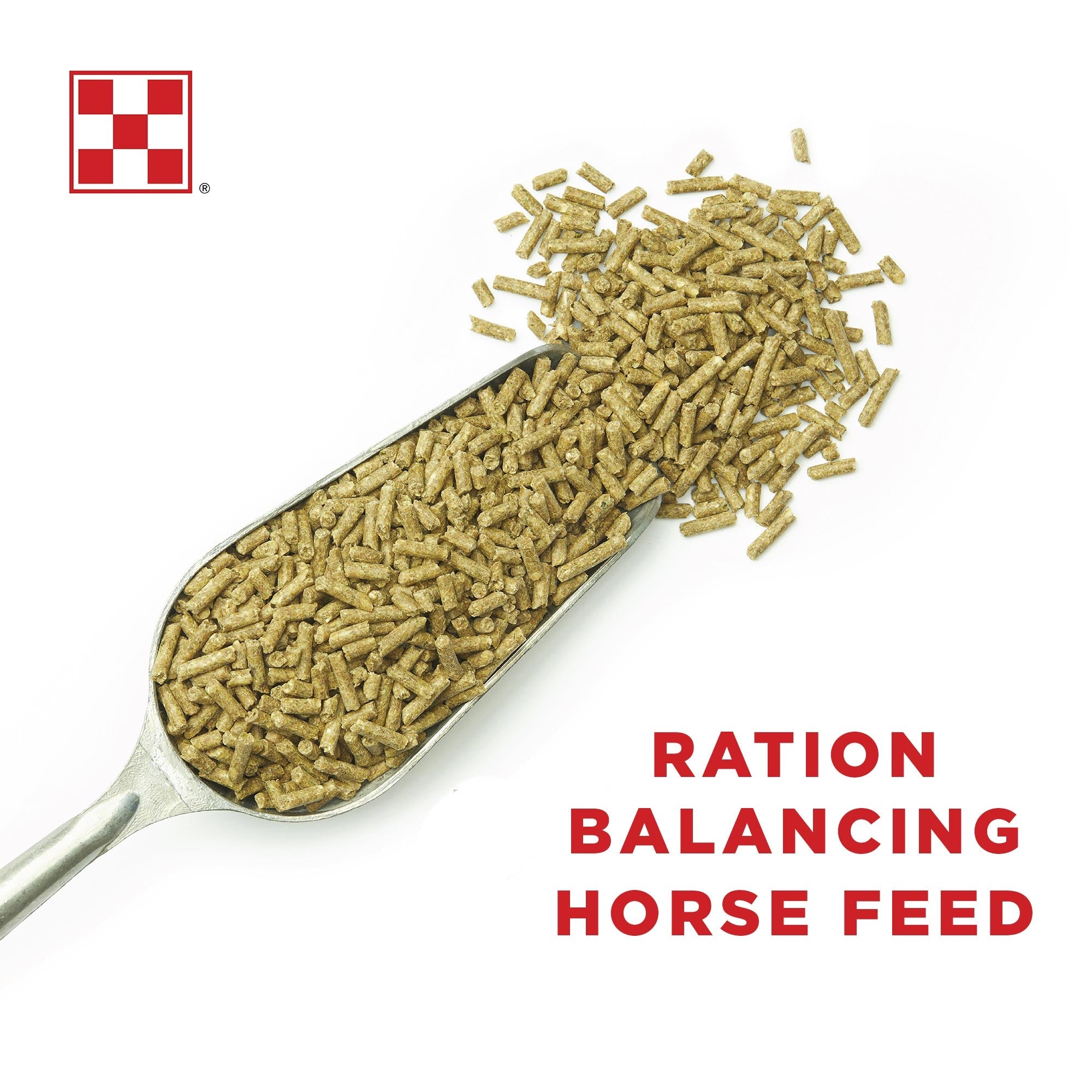 Scoop of Purina Enrich Plus ration balancing pellets for horses