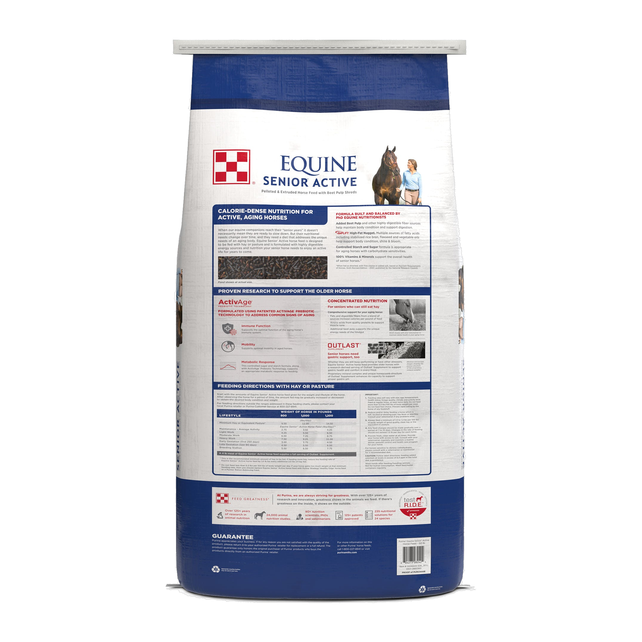Back of the Purina Equine Senior Active Horse Feed bag with feeding directions and guaranteed analysis