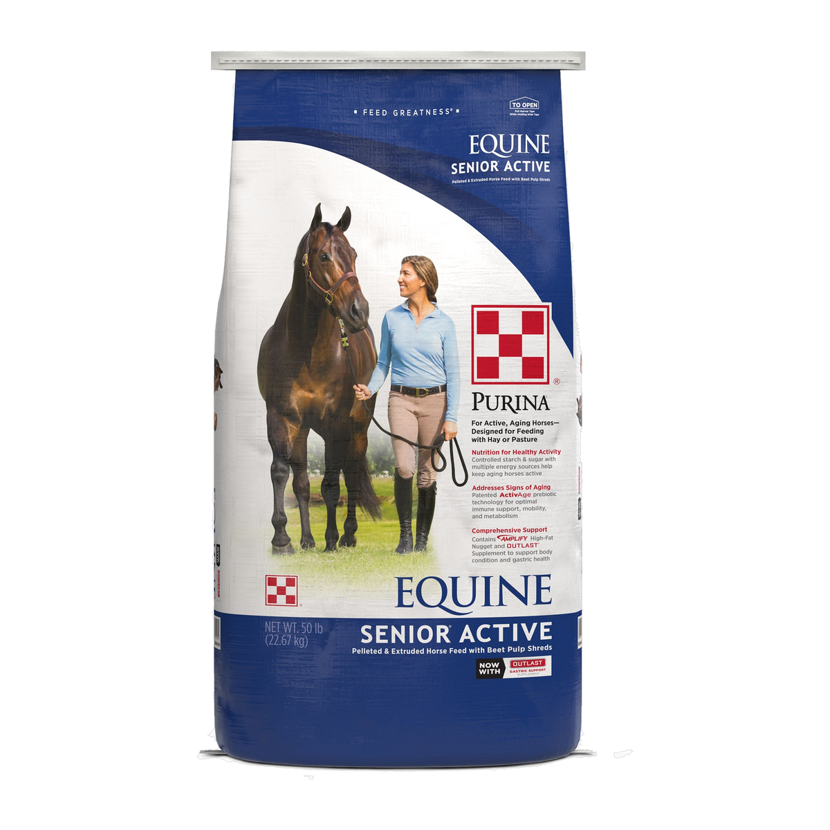 Purina Equine Senior Active Horse Feed 50 lb bag, front of package #50 LB