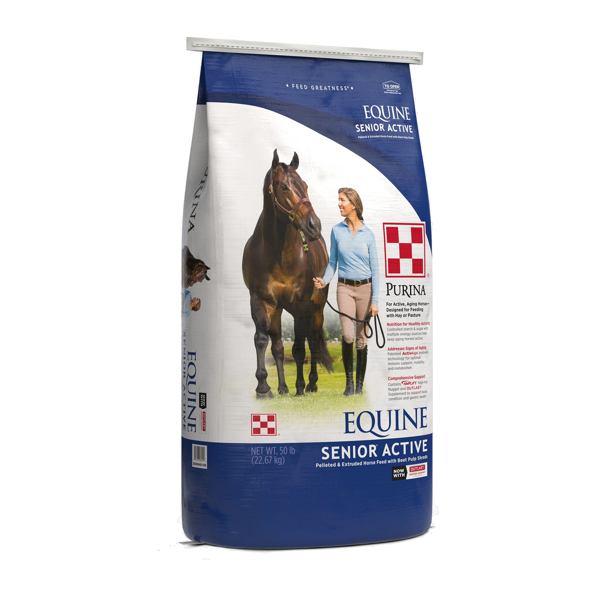 Purina Equine Senior Active Horse Feed bag, angled left view