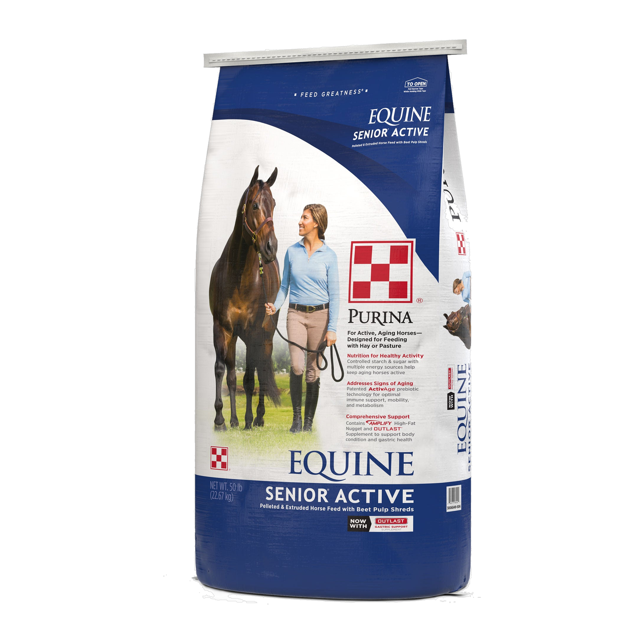 Purina Equine Senior Active Horse Feed bag, angled right view showing side panel