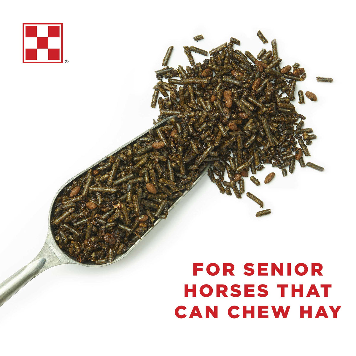 Scoop of Purina Equine Senior Active pellets with beet pulp shreds, for senior horses that can chew hay