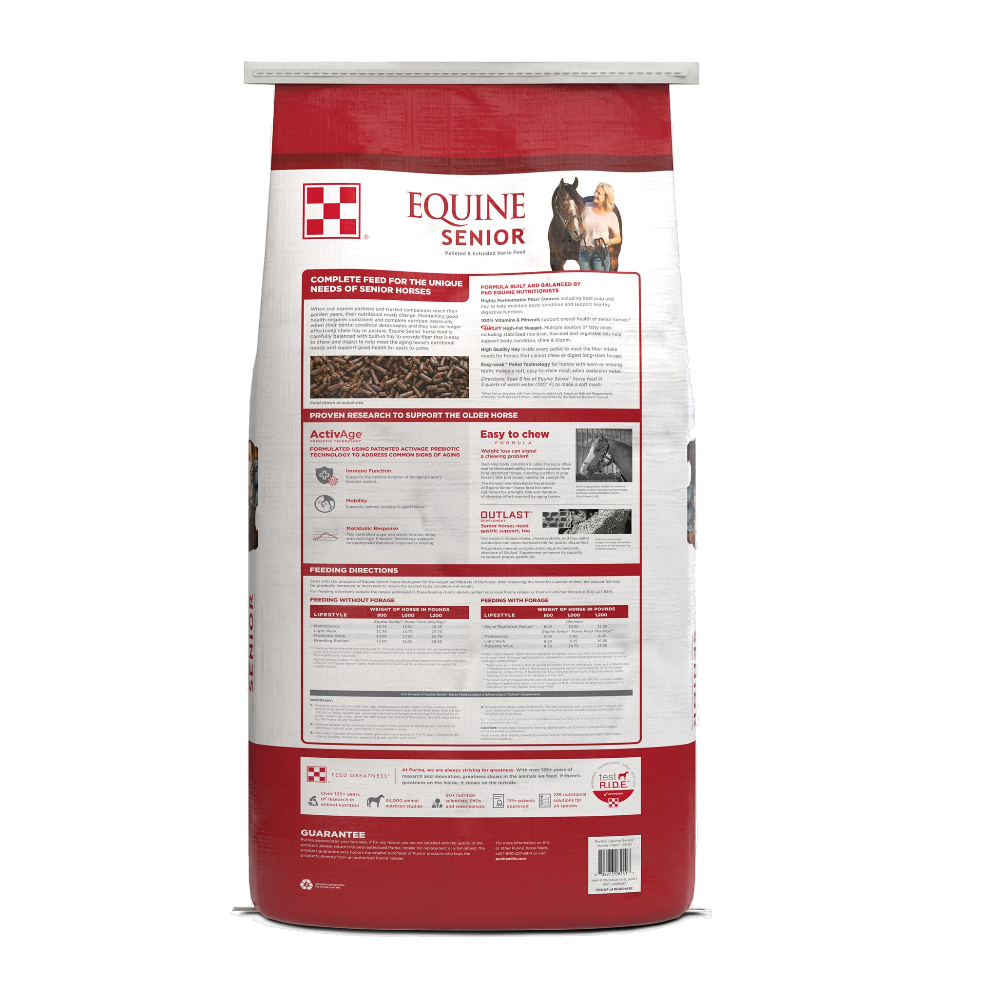 Back of the Purina Equine Senior Horse Feed bag with feeding directions and guaranteed analysis