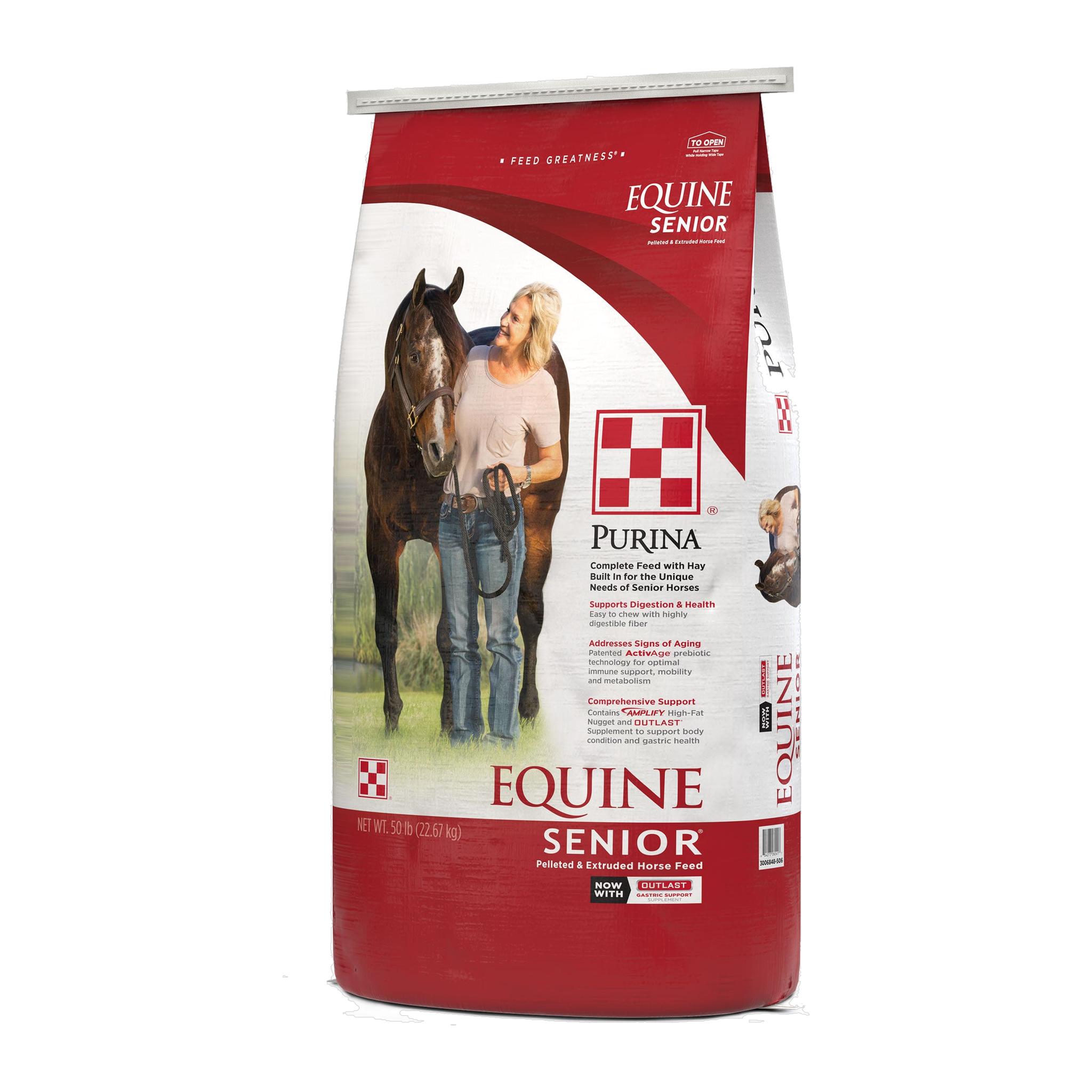 Purina Equine Senior Horse Feed bag, angled right view showing side panel